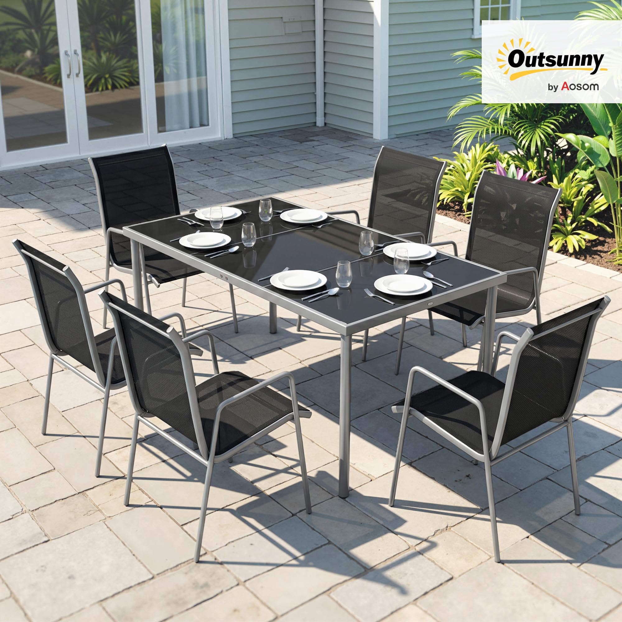 Outsunny Conjunto de Mesa y Sillas Jardín de 7 Piezas, Muebles Jardín Exterior con Mesa de Vidrio Templado, 6 Sillas Apilables Transpirables, Marco de Metal Resistente a la Intemperie, Negro y Plata