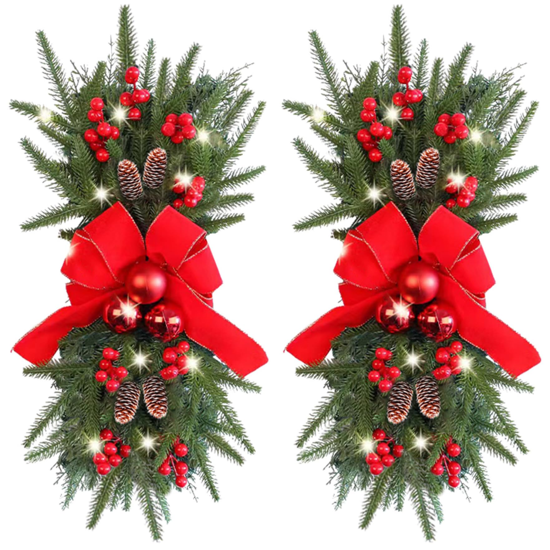 CAKEEYUM 2Pcs Christmas Swags 18x8in Light Up Artificial Teardrop Swag with Bowknot, Berry, Christmas Ball & More Hanging Decorative Swags for Stairs, Railing, Xmas Decor Swag Tea