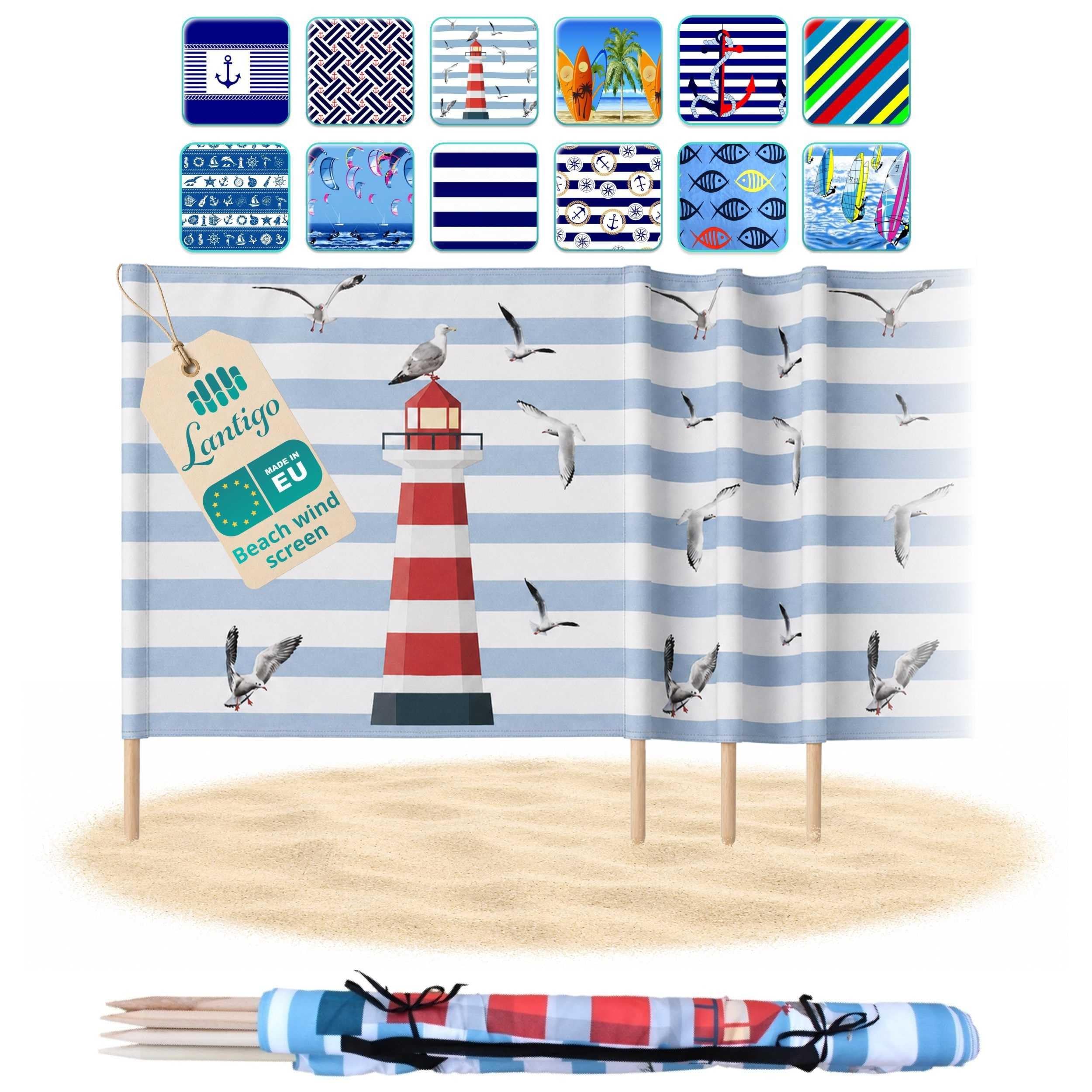 Strandparavent Mikrofaser | Windschutz 80cm | Leuchtturm 8m | Robuste Holzstäbe | Vernäht | Hochwertig