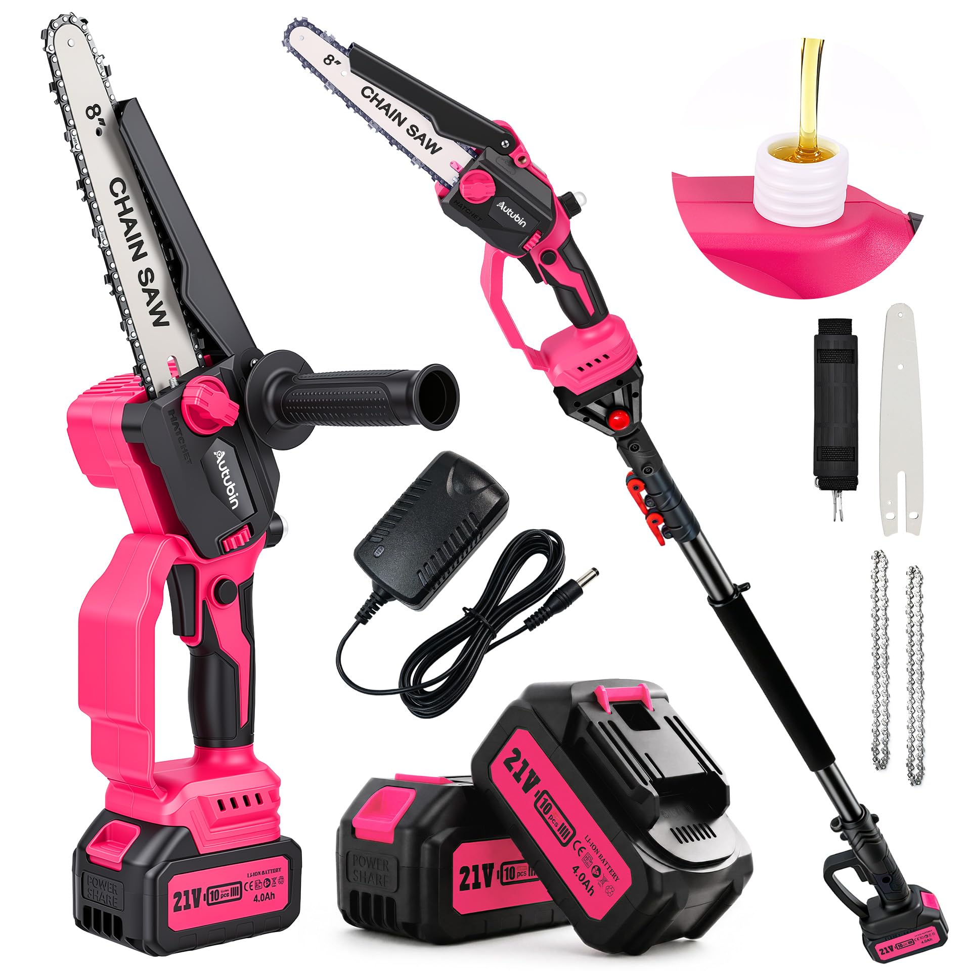 2-in-1 Pink Cordless Pole Saw for Tree Trimming, Branches Cutting