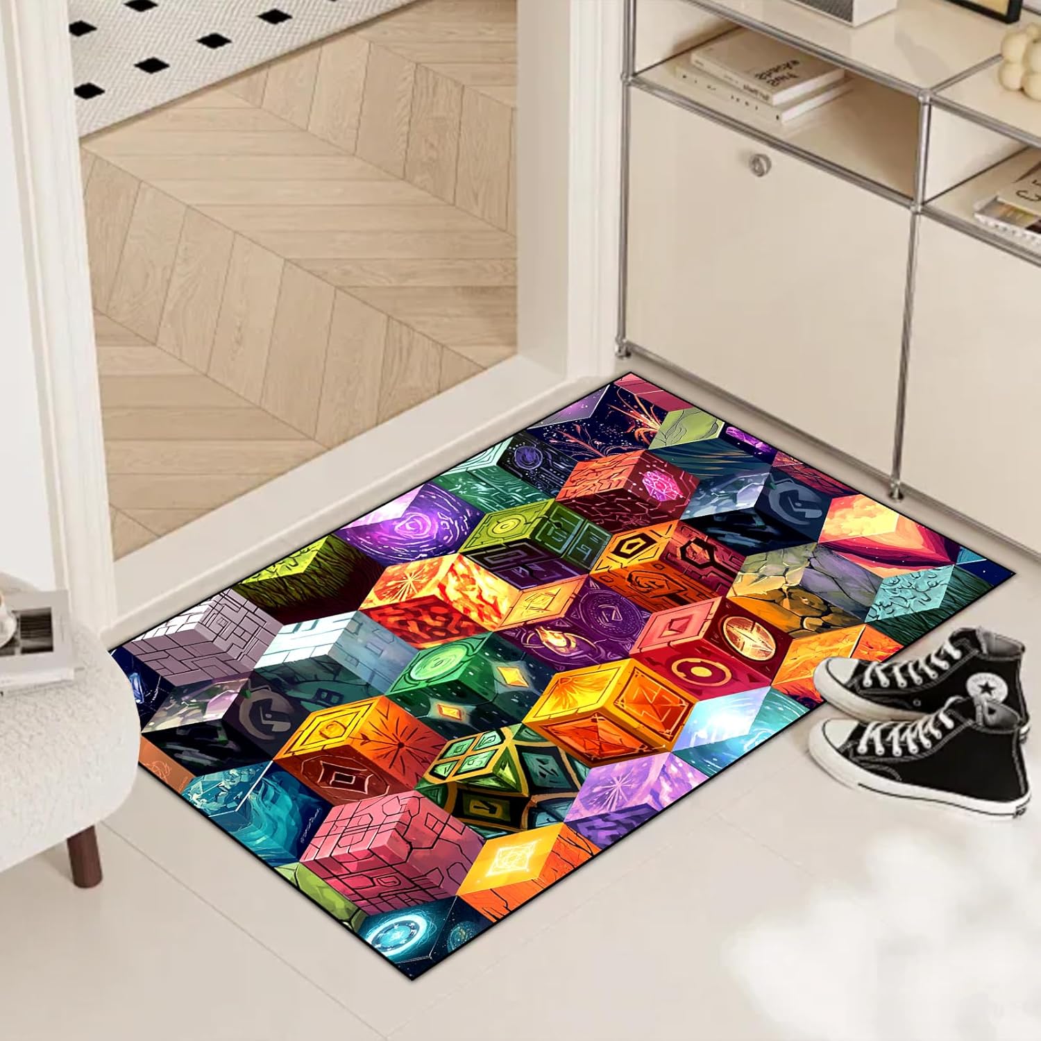 Cube Block Game Rug, Teen Boys Carpet with Magic Games Element Decoration Mat, Pixel Game Rug for Boys Bedroom Bathroom Doormat Living Room Playroom, Non-Slip Children Gaming Area Rugs (35.4" x 23.6")
