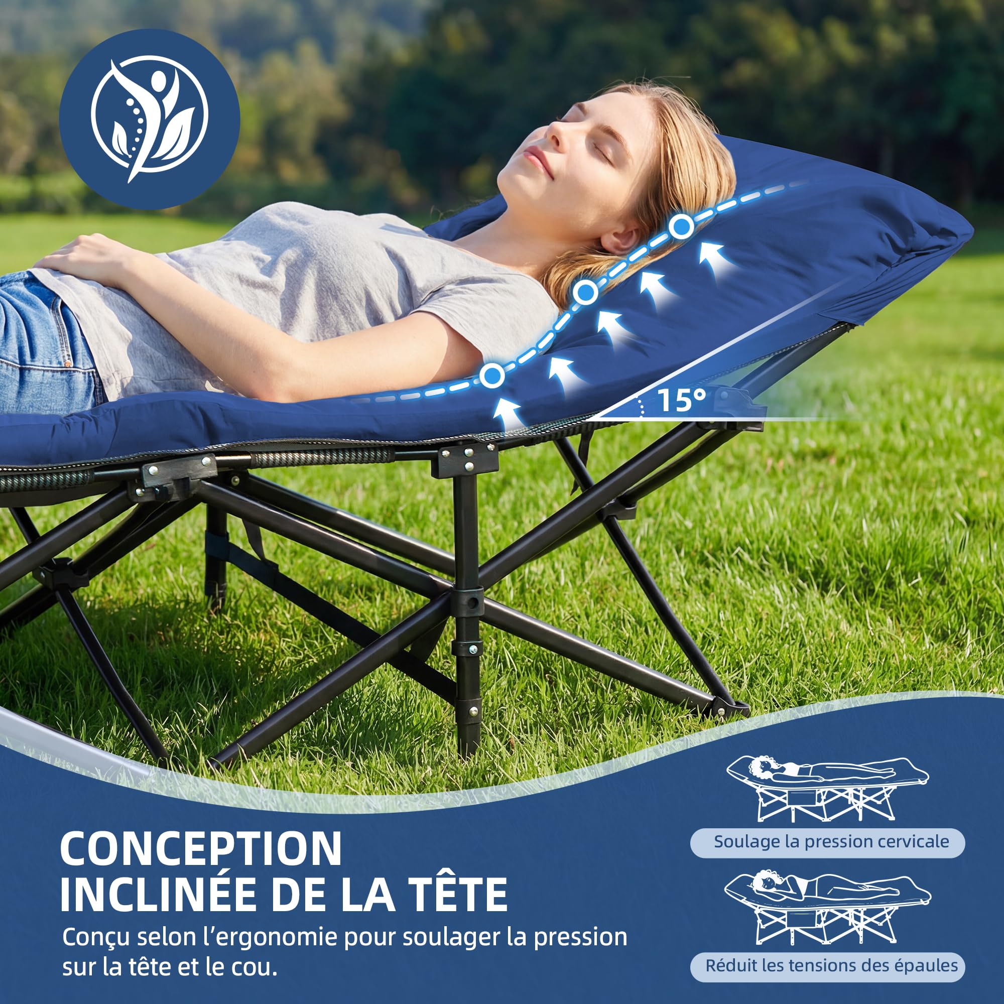 Palawano Lit de Camp Pliable Adultes avec Matelas, Sac de Transport, Bain de Soleil Supportant Jusqu’à 150 KG, Chaise Longue Pliante Camping Robuste pour Invités, Bureau ou Voyage