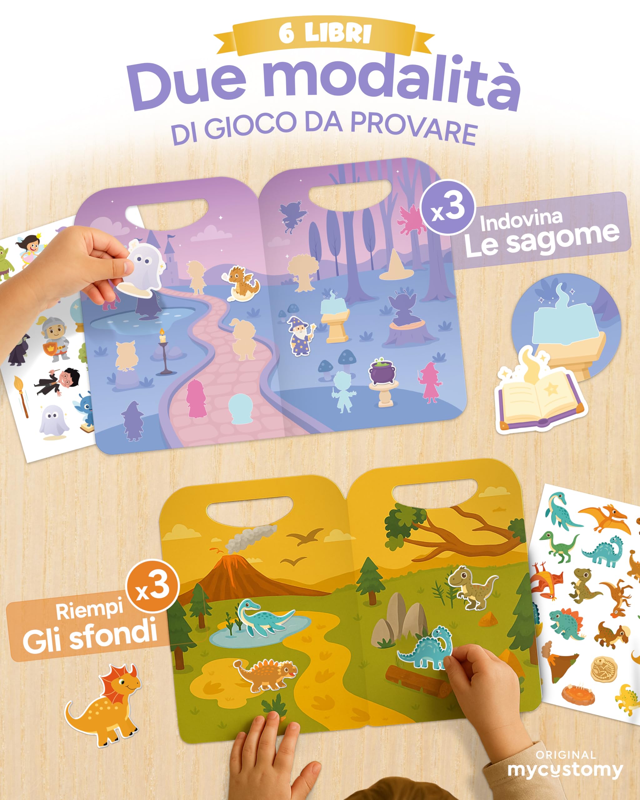 mycustomy - 6 Libri Stickers Bambini Attacca Stacca 1+ BPA Free con 120 Adesivi Riutilizzabili e Lavabili