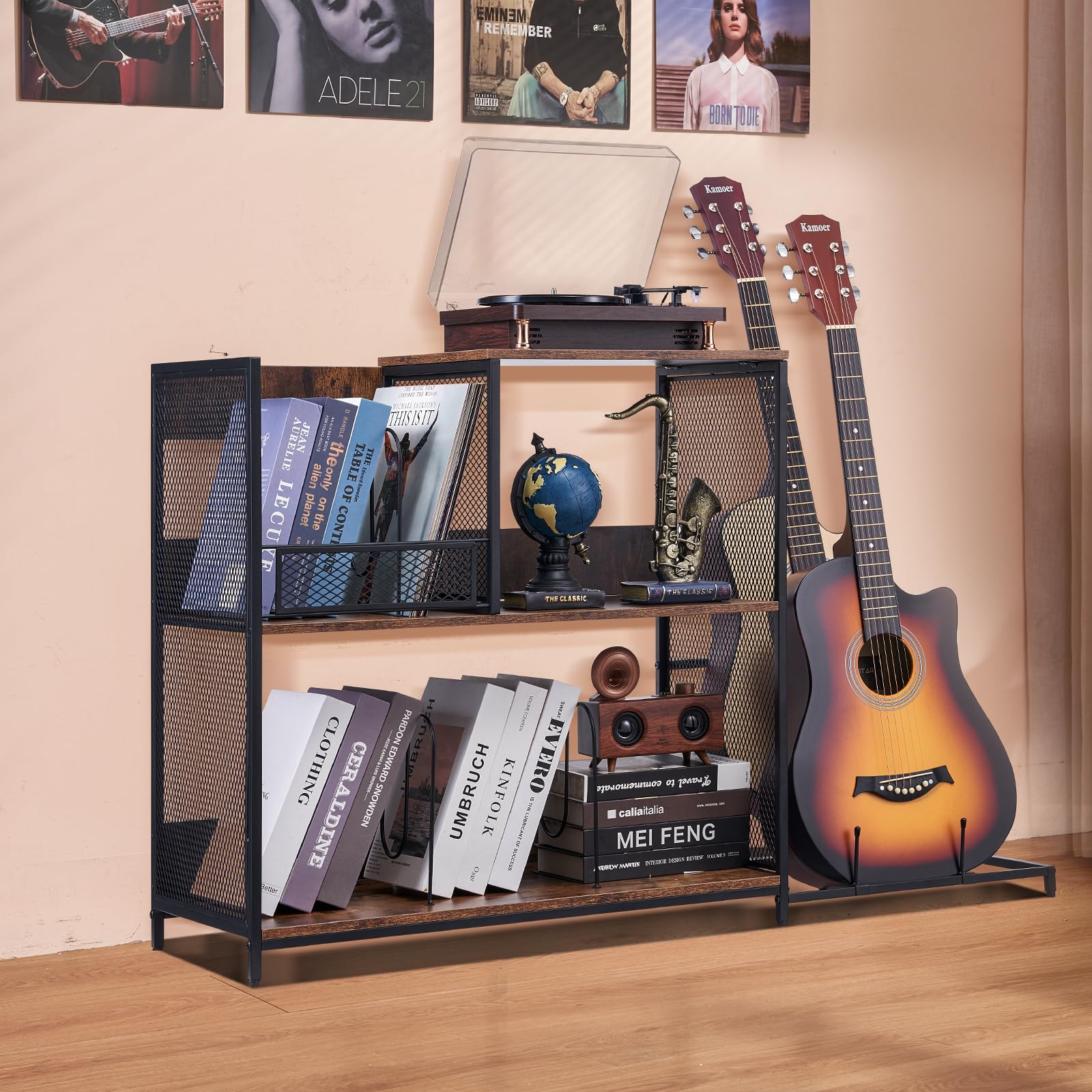 VEVOR 3-poziomowy stojak gramofonowy z uchwytem na gitarę, stojak gramofonowy z miejscem do przechowywania, pomieści do 300 albumów, szafka na płyty winylowe z metalową ramą z siatki, do salonu,