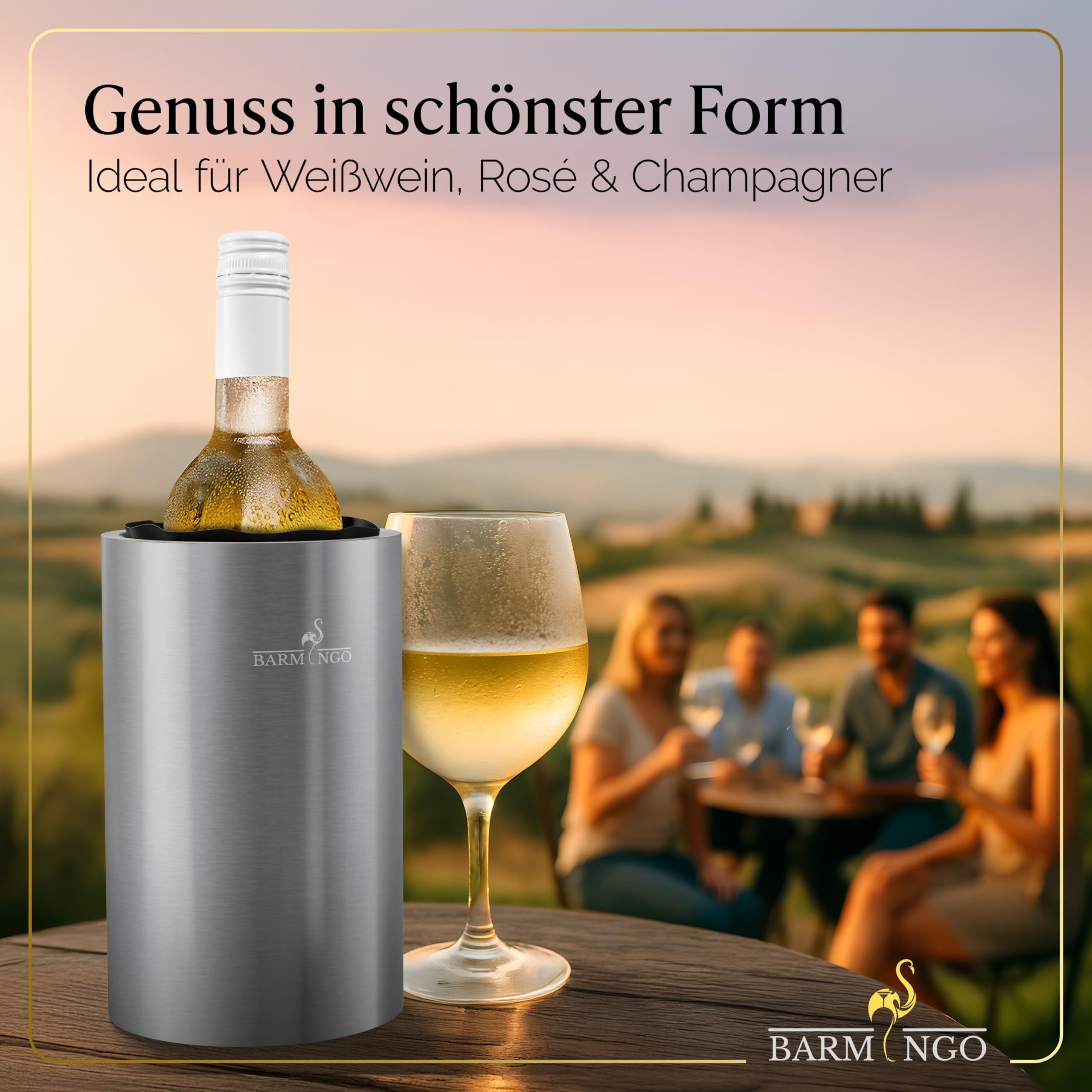 Weinkühler Edelstahl mit Kühlakkus – Getränkekühler & Flaschenkühler für Wein, Sekt, Champagner | Sektkühler doppelwandig mit Kühlmanschetten | Wine Cooler/Wein Kühler, Silber