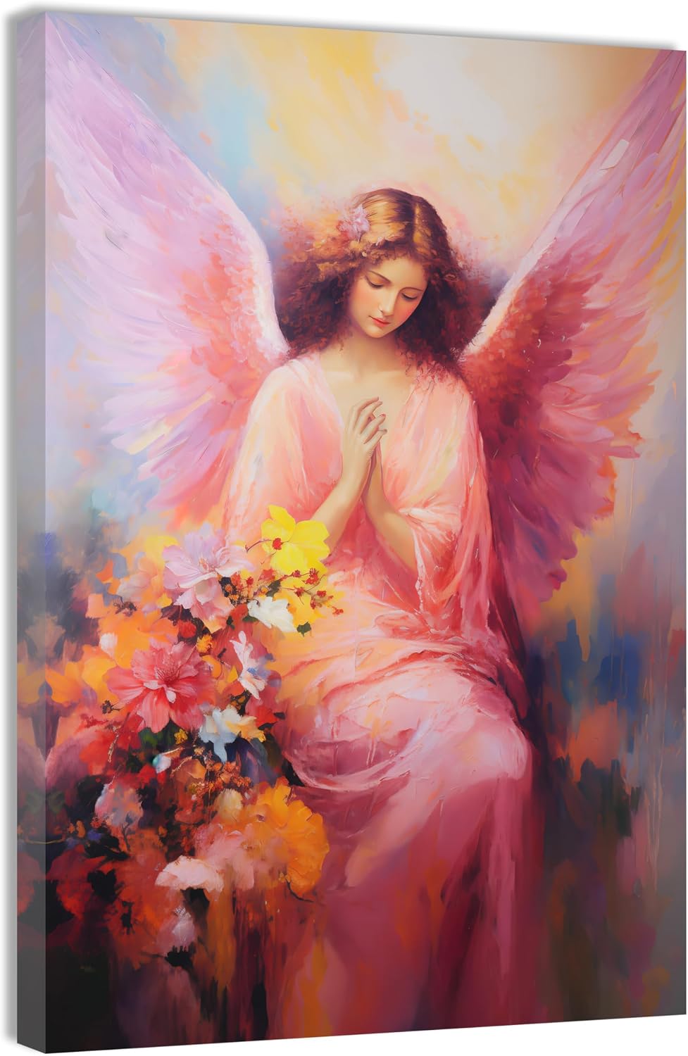 QIXIANG Pink Angel Pictures for Wall - Abstract Girls and Flower Canvas Painting - Angel Wing Poster Prints for Home Decor (12.00" x 18.00")
