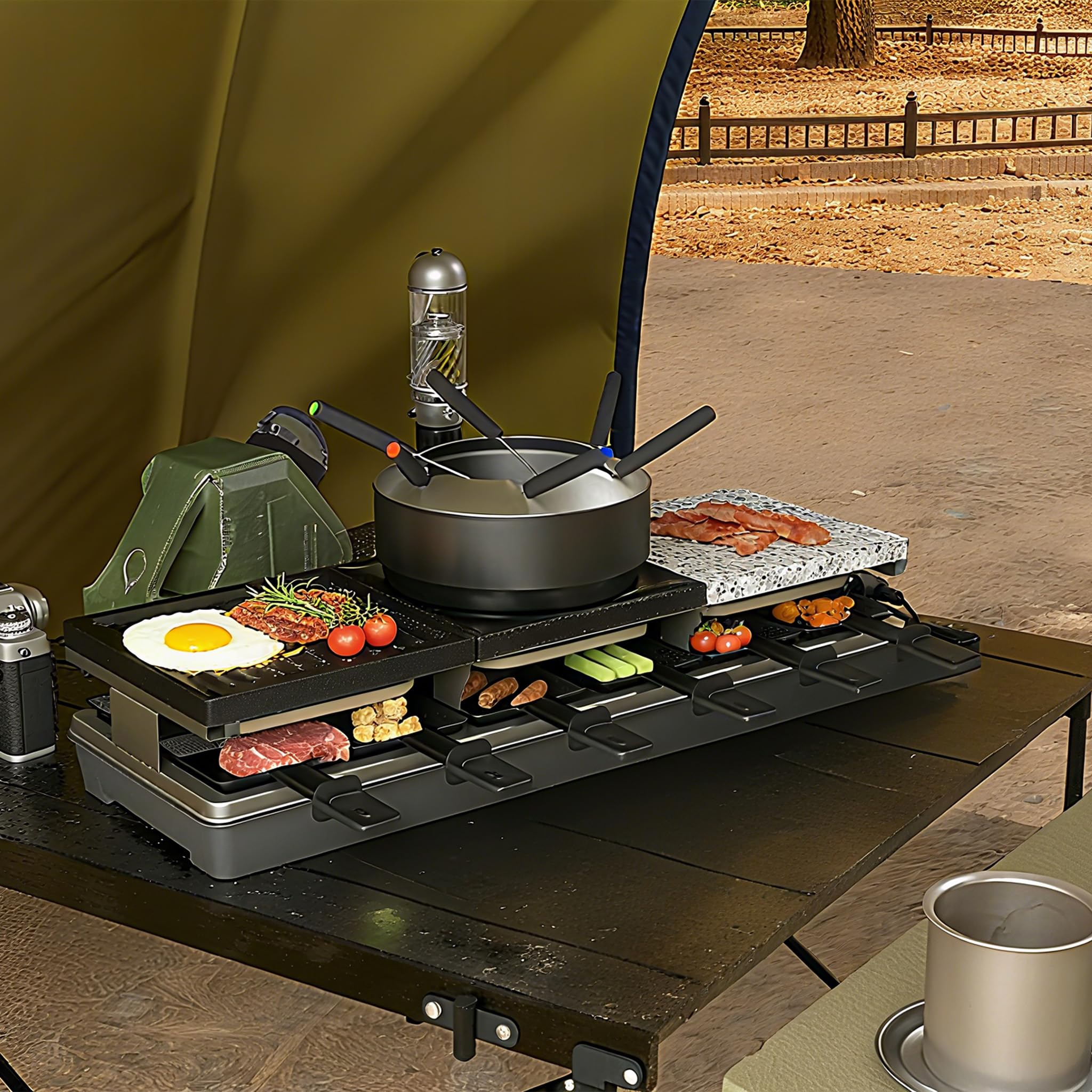 1650W Raclette Grill für 12 Personen Doppelstöckiger Tischgrill inkl. Antihaftbeschichtet, Steinplatte, Klein Tablettes, Holzspateln, Suppentopf & Kabel Edelstahl Elektrogrill für Party Camping