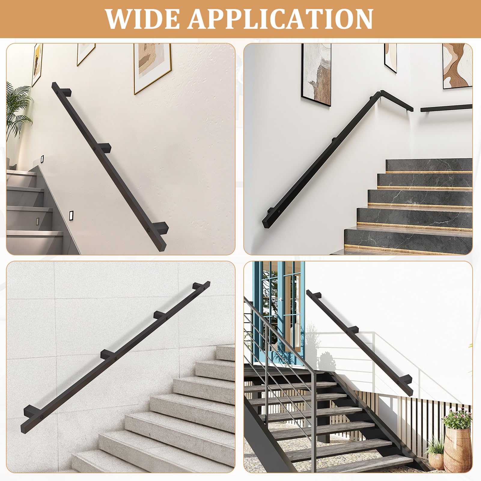 Modernes Treppenhandlaufgeländer mit Wandhalterungen und Metallschrauben, Treppengeländer aus Vierkantrohr aus Schmiedeeisen, Rutschfester Handlauf für die Innen- und Außendekoration(180cm)
