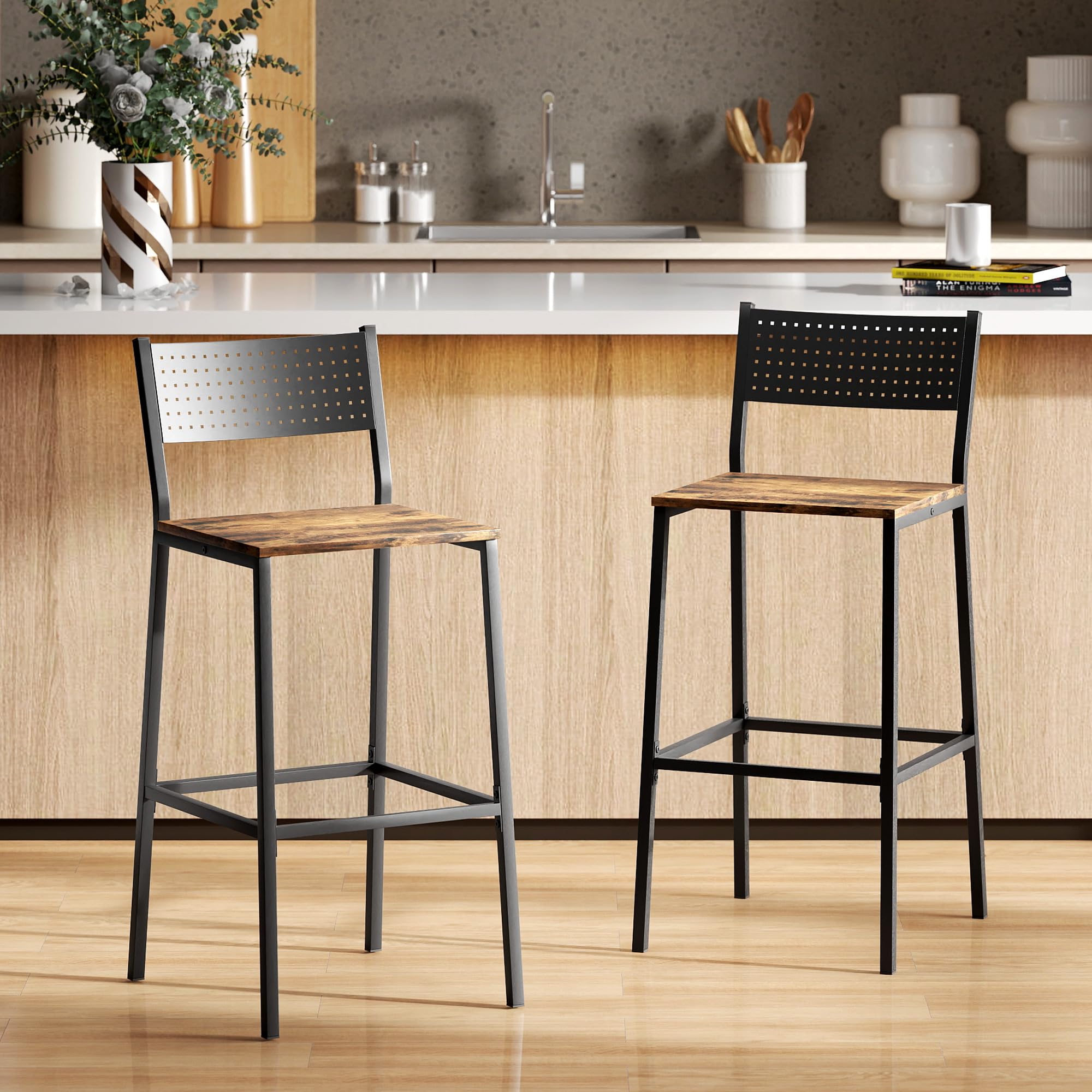 HOMCOM Lot de 2 tabourets de Bar, Assise 72,5H cm, Dossier, Brun Rustique