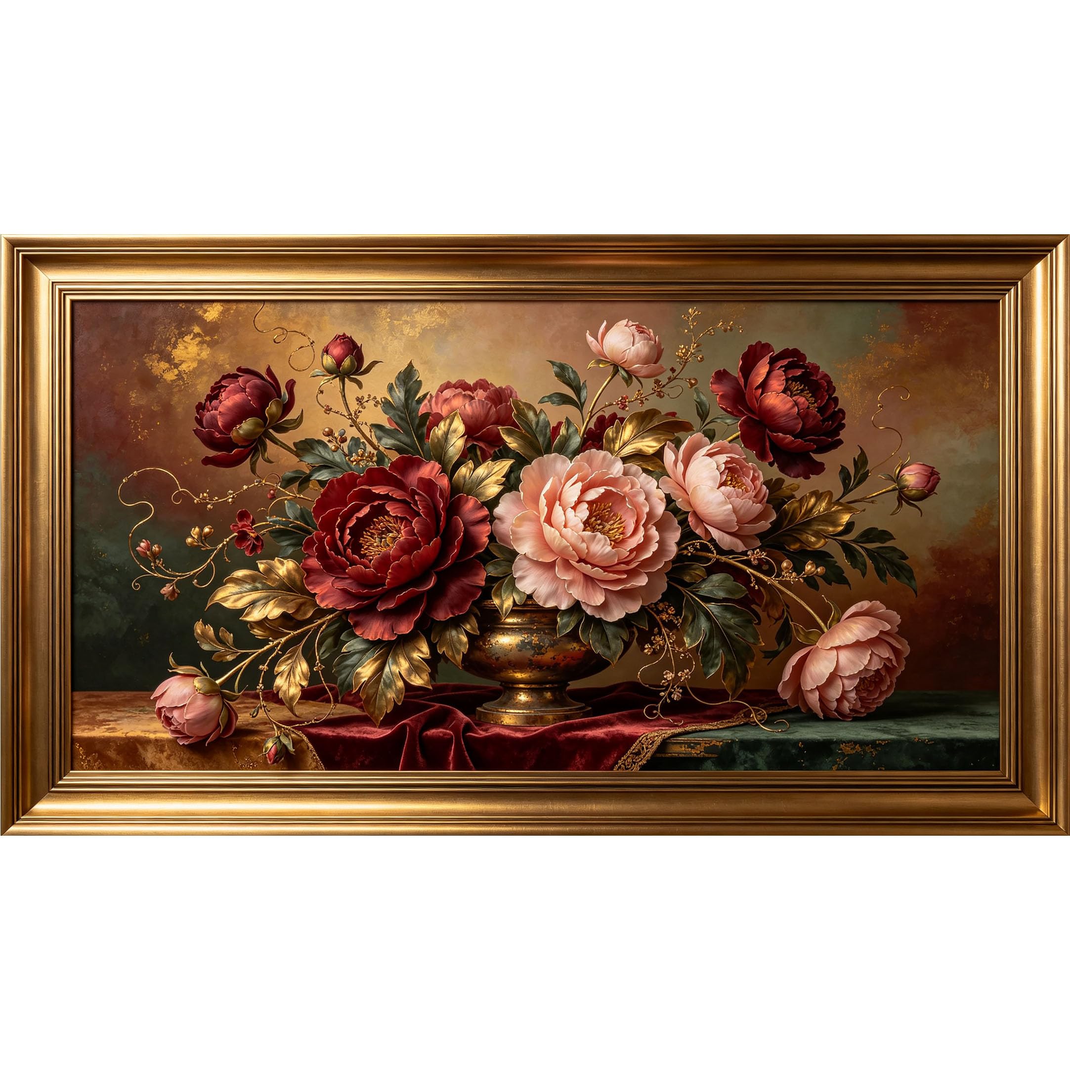 QZLITHOTIC 50x90cm3D Framed Wall Art， Vintage Floral Peony Bouquet Oil Painting Self‑Adhesive Mural， Water‑Activated Peel & Stick Fabric Decor Wall Decal for Bedroom Living Room