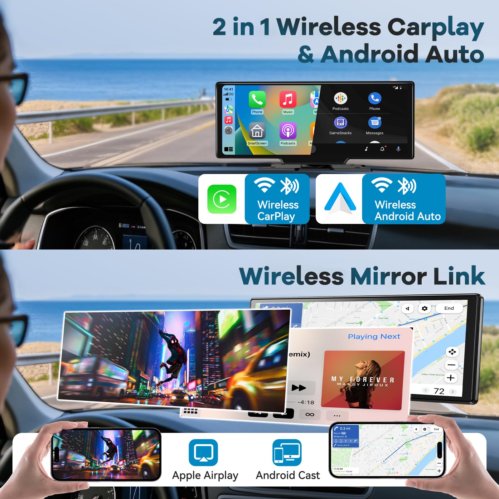 2026 Neuestes 10,26 Zoll Carplay Display & Android Auto Display: Buddy Display mit GPS Navigation 4K Dashcam Rückfahrkamera Bluetooth 5.2 Siri Sprachsteuerung IPS Touchscreen Mirror Link AUX FM 64G TF