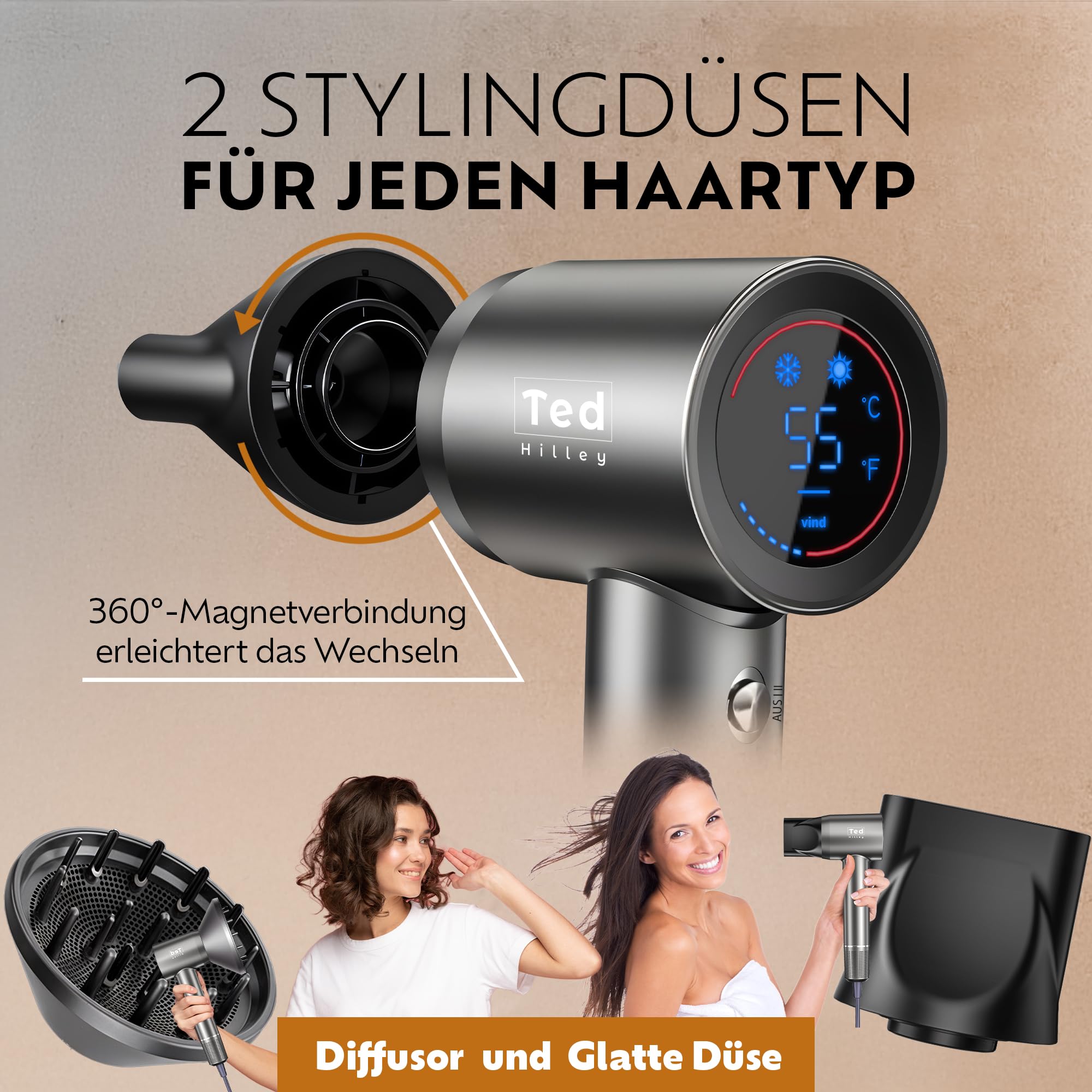 Ionen Föhn mit Diffusor & High-Speed Motor – 5× schnellerer Haartrockner Ionen – Fön mit Diffusor & Konzentrator – 5 Heizstufen, 2 Geschwindigkeiten, HD-Display – Reiseföhn & Haarföhn für Locken