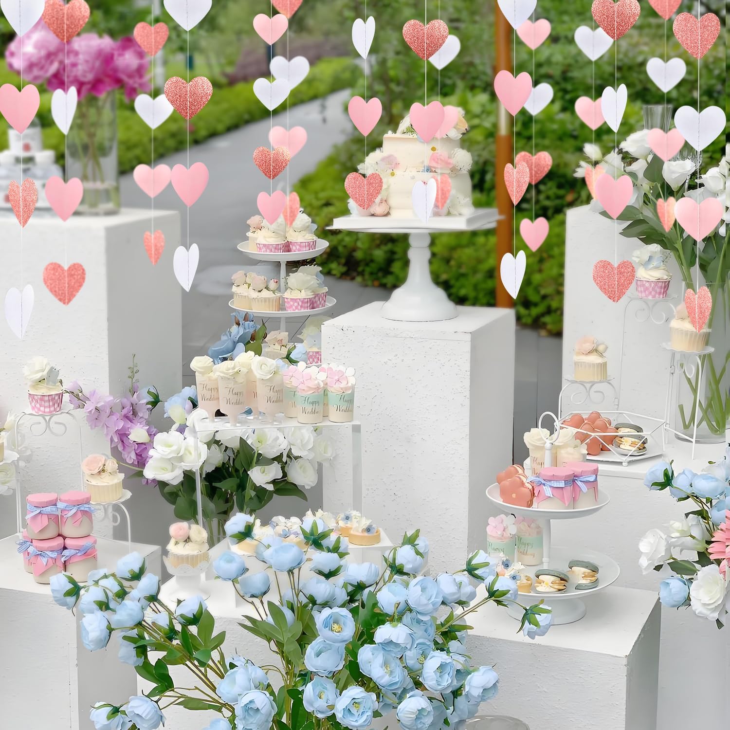 Rose-Gold Pink White Heart Garland Banner 4 Pack 52 Feet Women Girls Birthday Party-Decorations Hanging Paper Streamers for Mothers Day Baby Shower Engagement Wedding Pink Party Decoration - Image 4