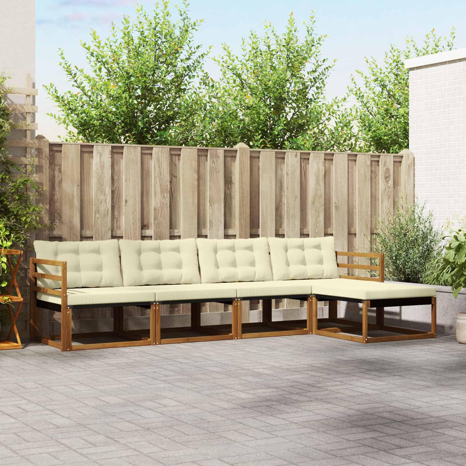 Conjunto de sofás de Exterior de Madera Maciza de Acacia con Cojines de Espuma Crema y Natural, 5 Piezas para terraza, jardín y salón, diseño Modular para Comodidad y Durabilidad