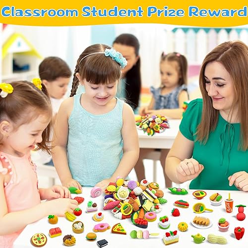 Miniatura 4 de LanMa 70 piezas de borradores de alimentos para niños, postres de frutas, rompecabezas de pasteles, lindos borradores para escuela, aula, premios,