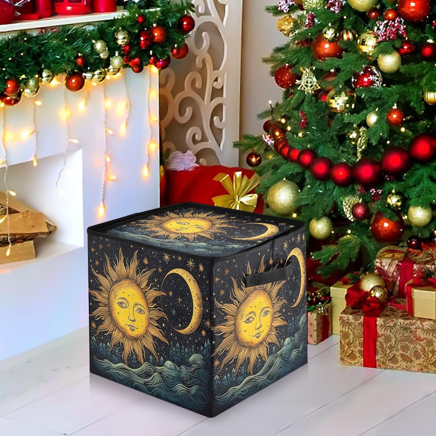 Sun and Moon 13 Inch Christmas Ornament Storage Box with Lid - Holiday Decor Storage Containers, Stores 64 Ornaments, 3 Inch Cube Compartments