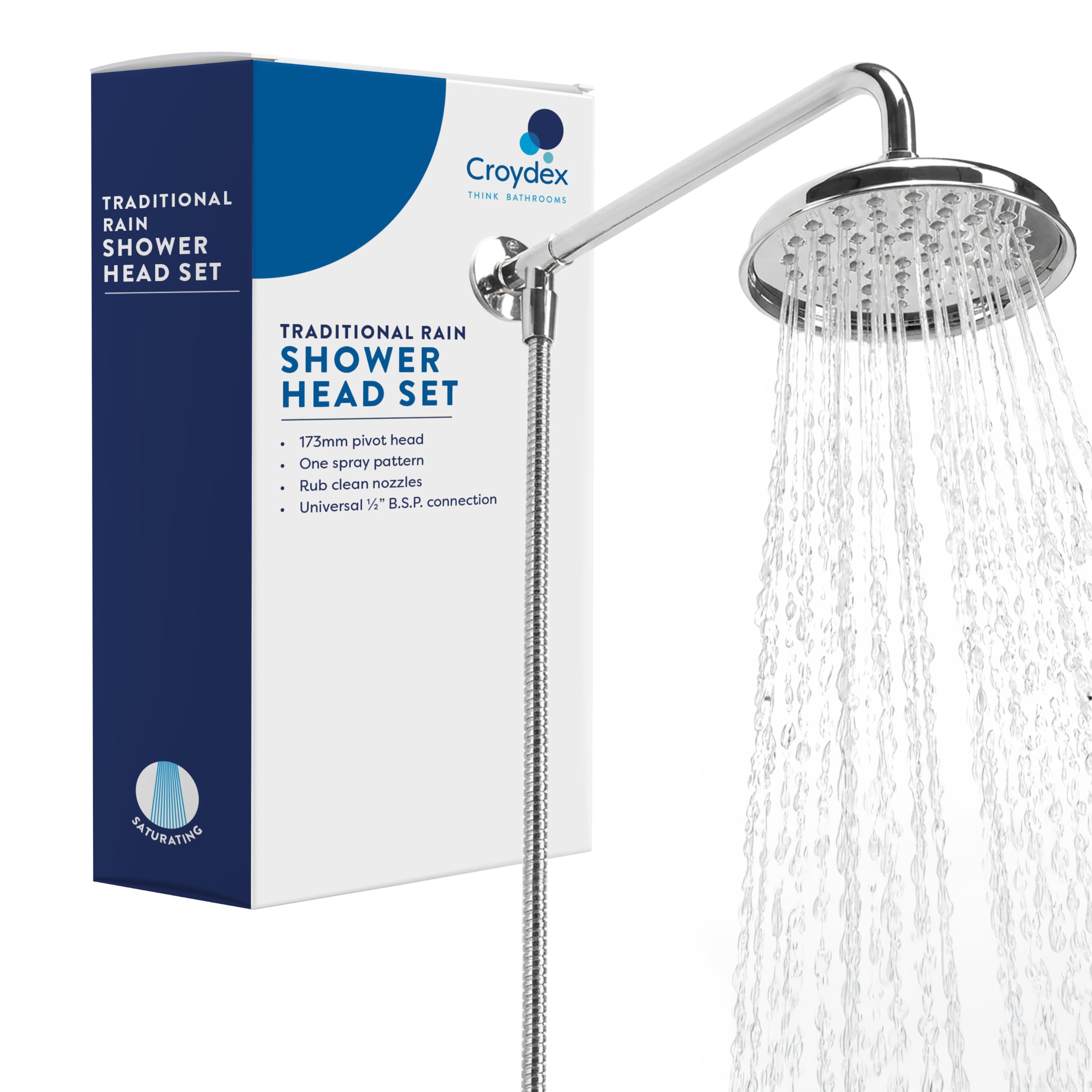 Croydex Chrome Traditional Rain Head Shower With Head/Arm/Hose, Silver