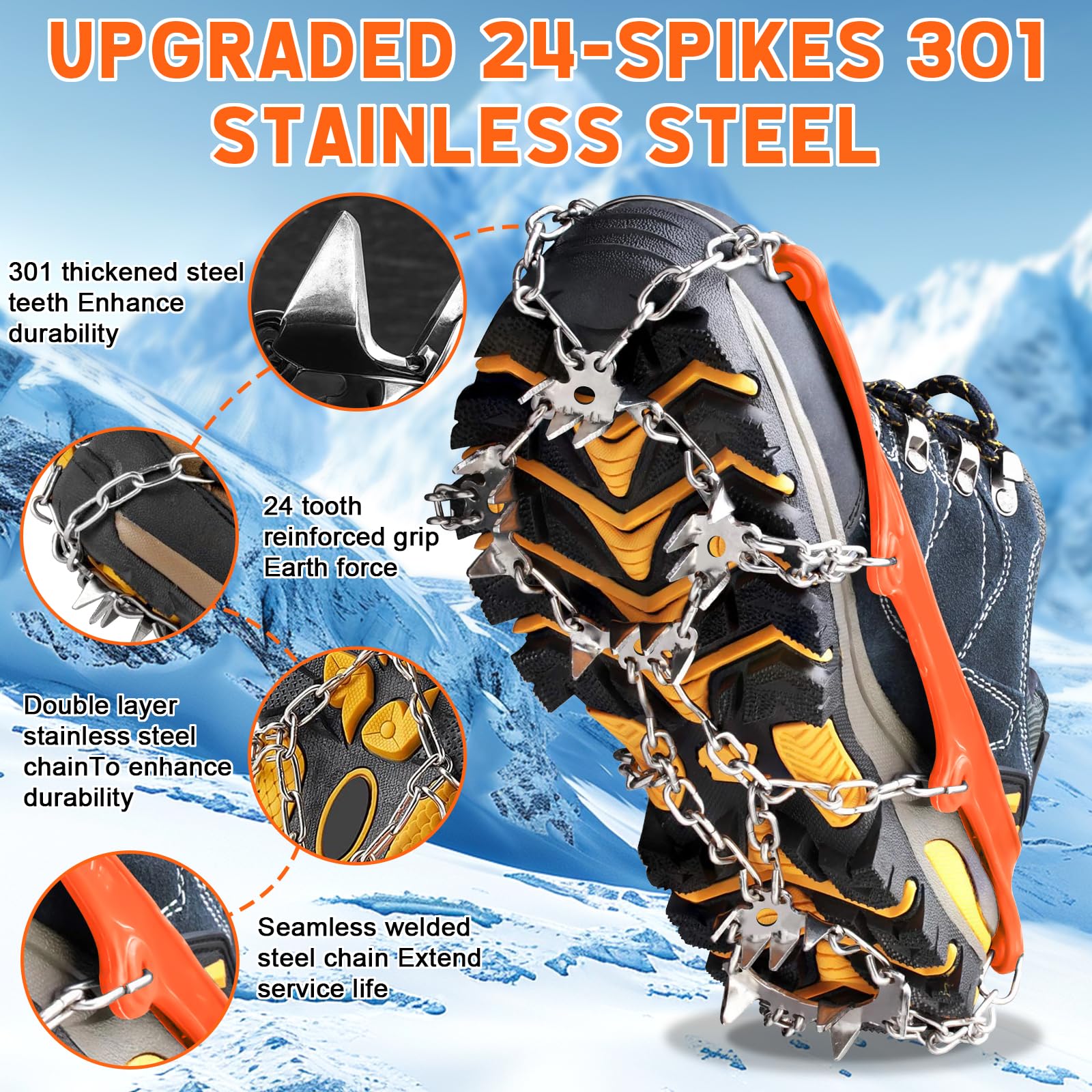 Crampons antidérapants pour Bottes de randonnée Neige Glace Traction 24 Pointes TPE Résistant Froid