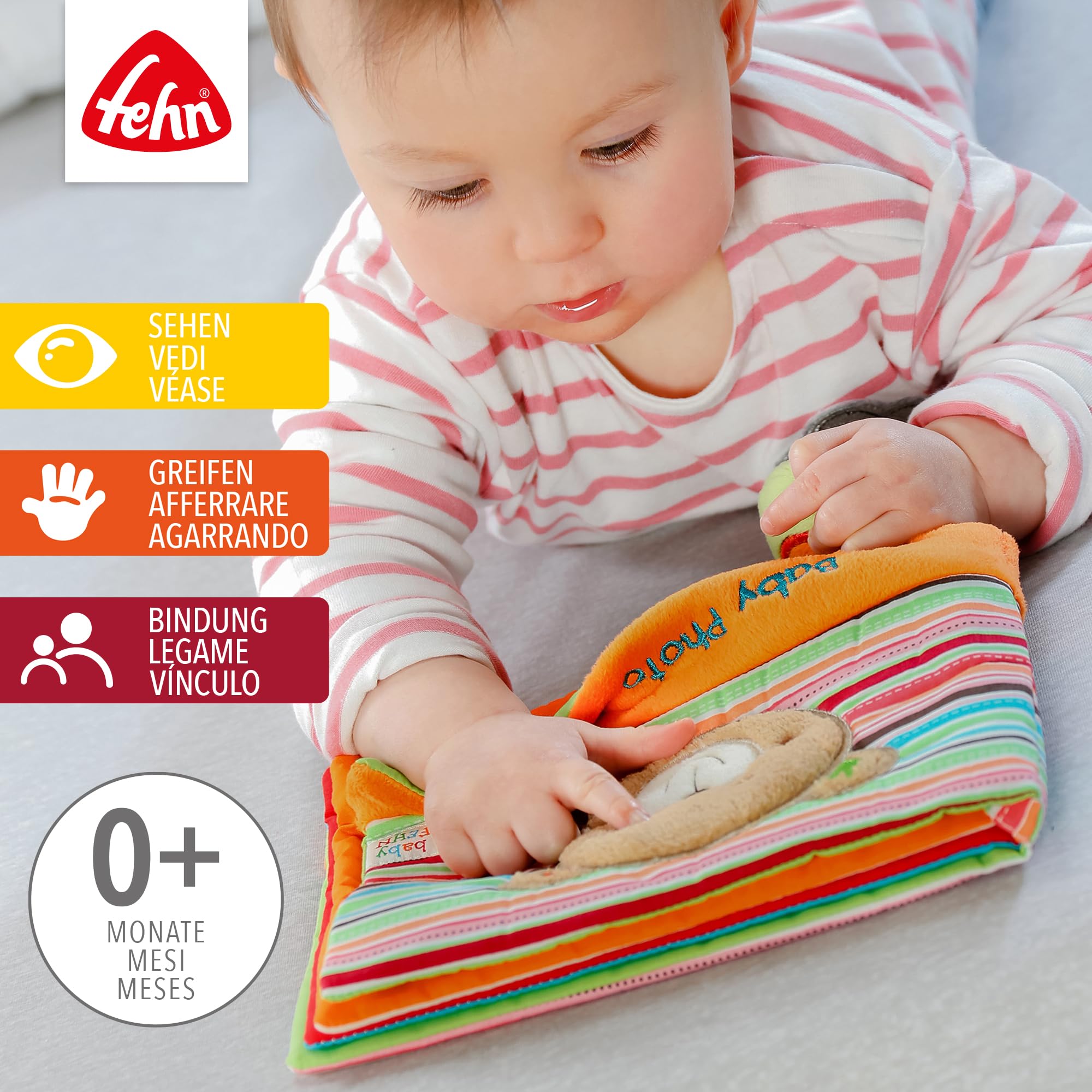 Fehn Baby Photo Album Teddy - album fotografico di ricordi da disegnare e sentire in tessuto - album giocattolo per la nascita per neonati e bambini da 0+ mesi per memorizzare volti e imparare nomi