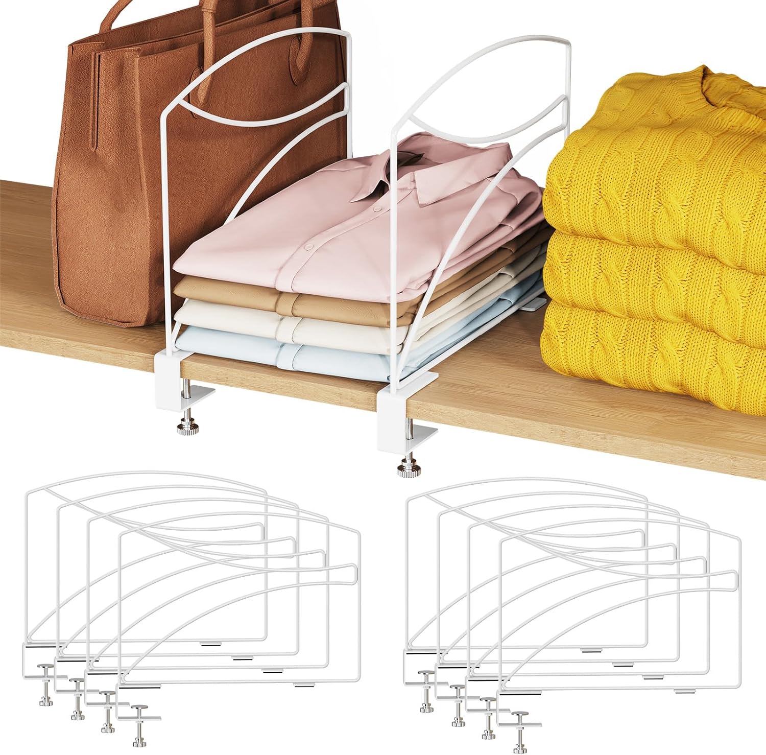 8-Piece Wire Shelf Dividers for Closet Organization, Upgraded C-Clips Adjustable Metal Shelf Dividers Suitable For Bedrooms & Kitchens, Storage Helper for Handbag Sweater Shirt Ankle Boots, White
