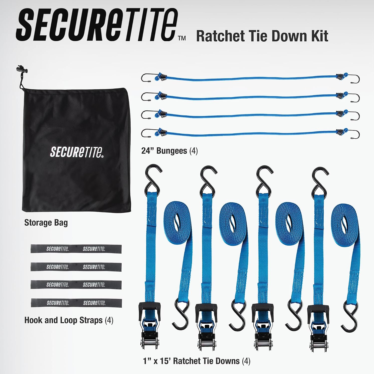Secure Tite Ratchet Tie Down 4 Pack, 1 in. x 15 ft. Heavy Duty Cargo Straps with Soft Ties –2,250 lb Break Strength for Motorcycle, ATV, UTV & Moving – Includes Bungee, Hook & Loop Wraps & Storage Bag