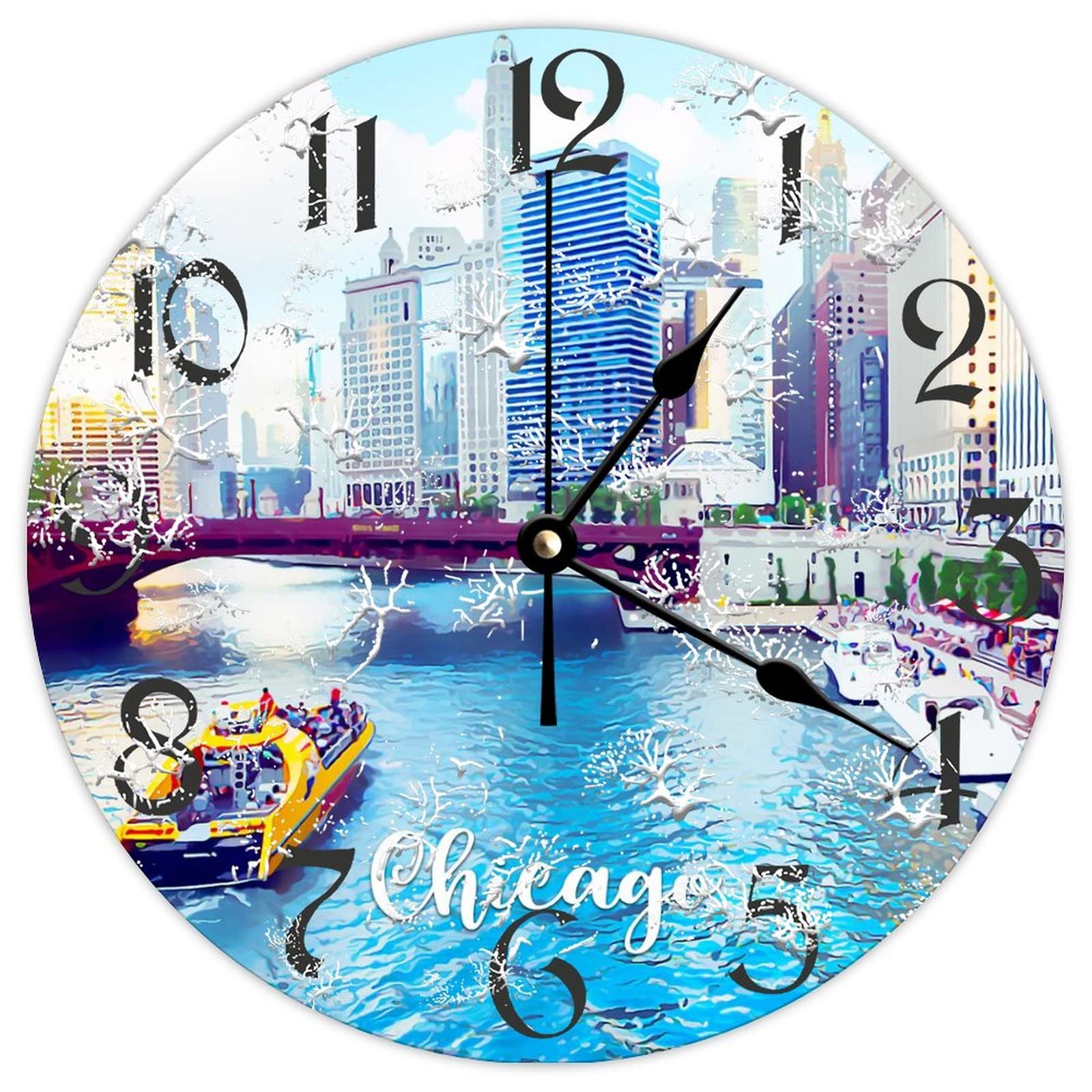 Horloge murale ronde en bois Chicago sans tic-tac pour chambre et cuisine
