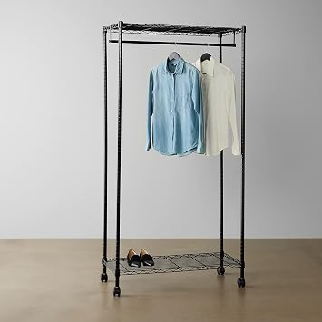 Amazon Basics Garment Rack with Top and Bottom Shelves, Black, 89 x 44 x 179 cm