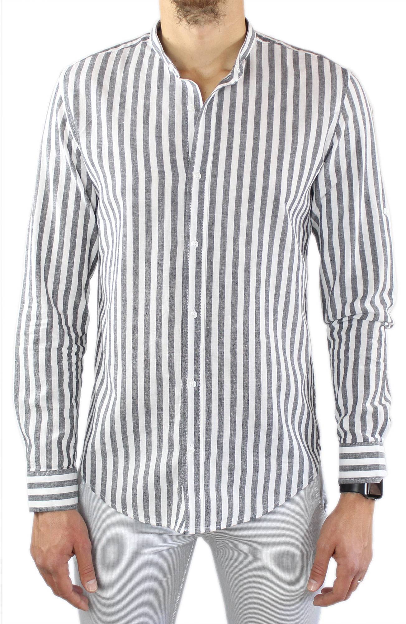 Camisa de lino para hombre Coreana a rayas celestes de 100 % lino Slim Fit elegante de manga larga a rayas