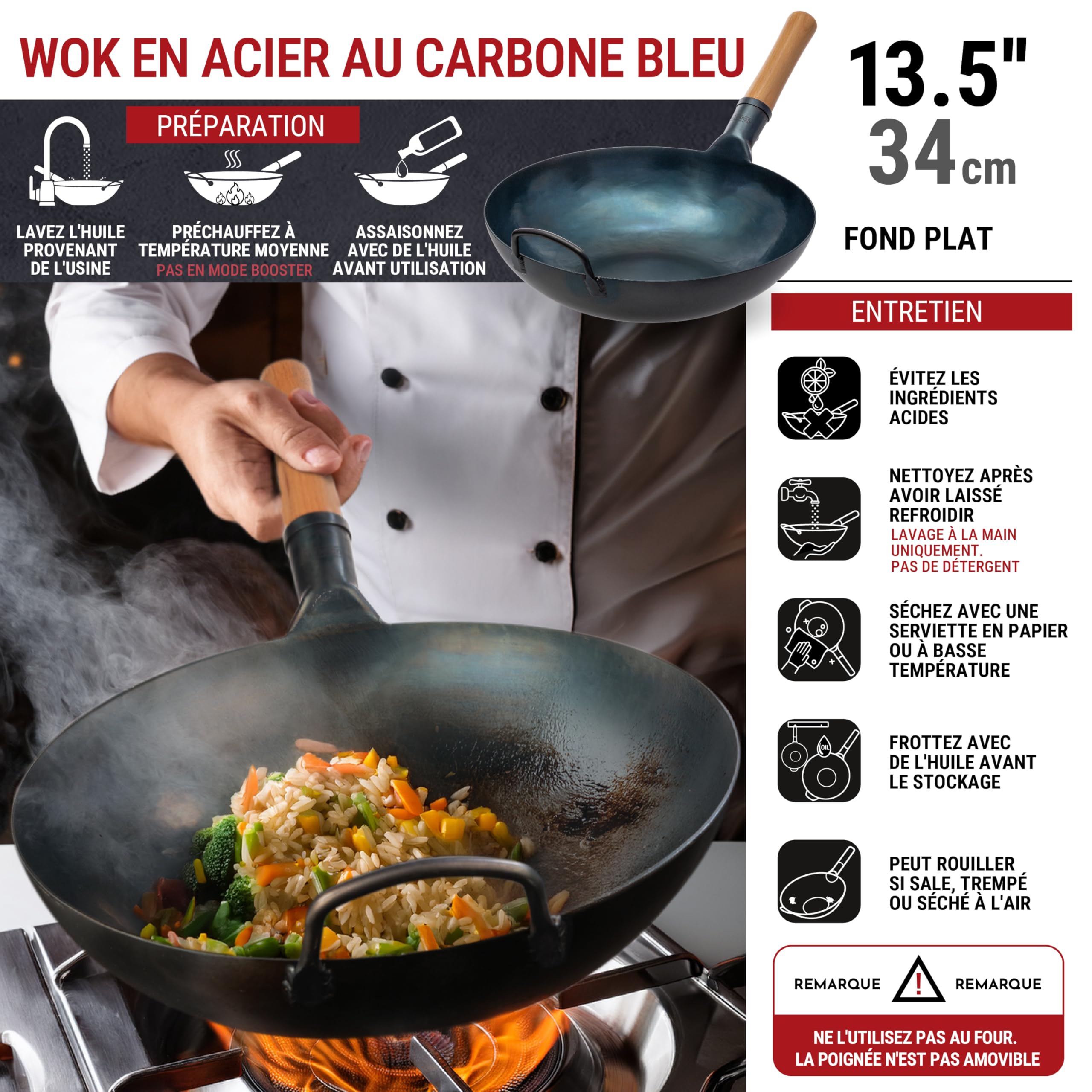 YOSUKATA Woks Et Poêles à Frire 34 cm - Wok À Fond Plat En Acier Carbone Bleu, Pré-assaisonné Compatible Induction, Plaques Électriques, Gaz Et Feu Ouvert - Poêles Chinois Traditionnel