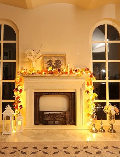 Miniatura 5 de Joyhalo Paquete de 2 guirnaldas de otoño con luces – 40 luces LED para manto, guirnalda de hojas de otoño al aire libre, guirnalda de hojas de