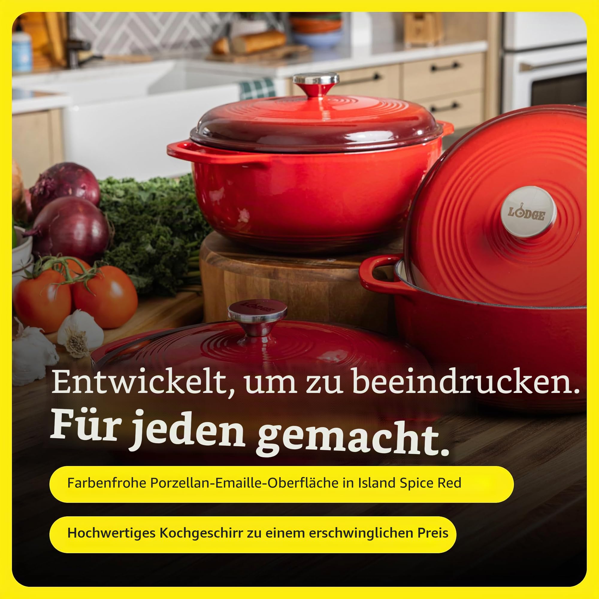 Lodge Ovaler Schmortopf aus emailliertem Gusseisen mit Deckel, Doppelgriffe, ofenfest bis 260 °C oder auf dem Herd, zum Marinieren, Kochen, Backen, Kühlen und Servieren, Island Spice Red
