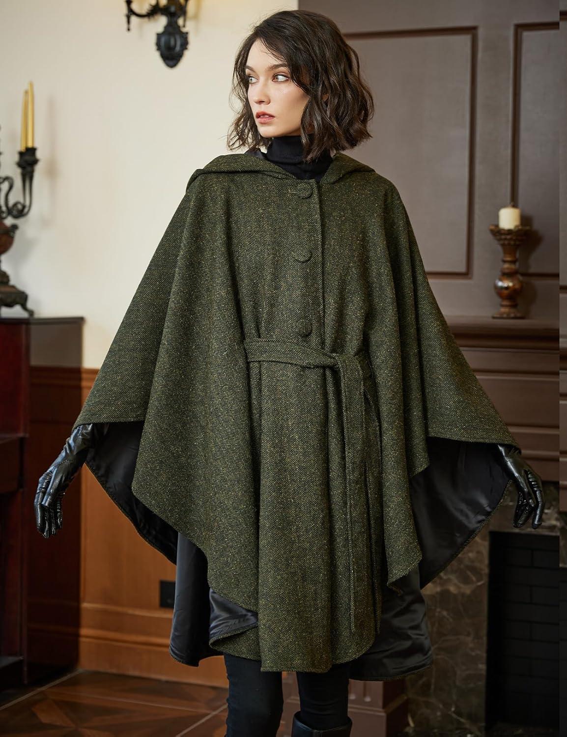 BEAUTELICATE Women Tweed Hooded Belted Cloak Buttons Closure Sleeveless Satin Lining Wool Poncho - Image 5