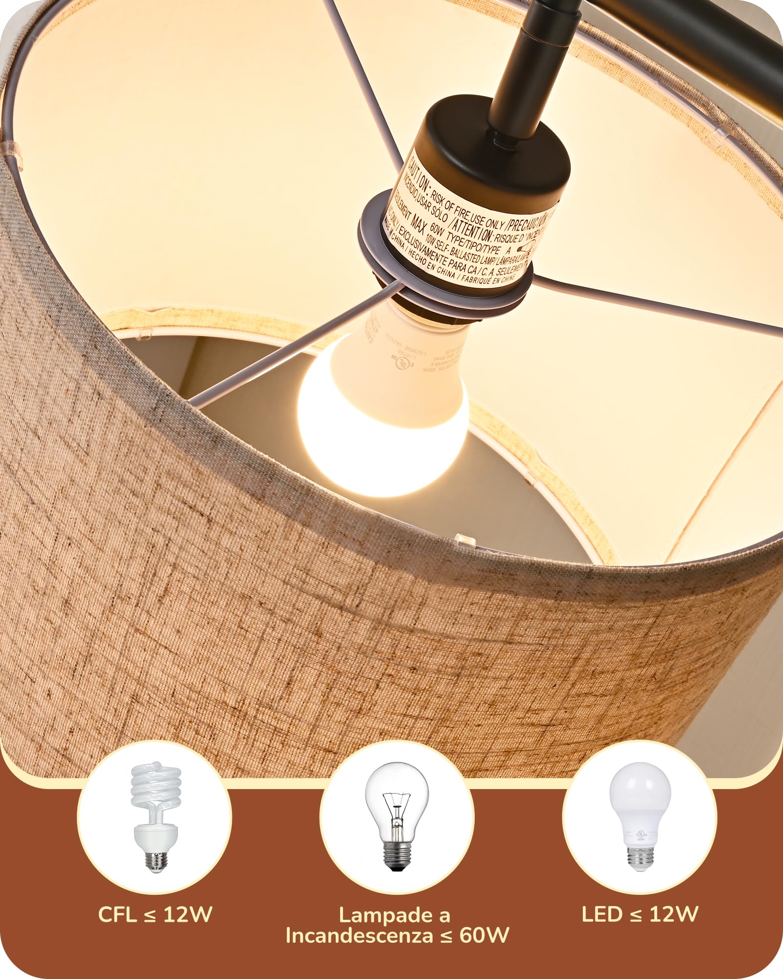 EDISHINE Lampada da Terra per Soggiorno con Paralume in Lino Beige con Angolo Regolabile, Attacco E27, Lampadine Non Incluse, Lampada da Terra in Metallo con Interruttore a Pedale
