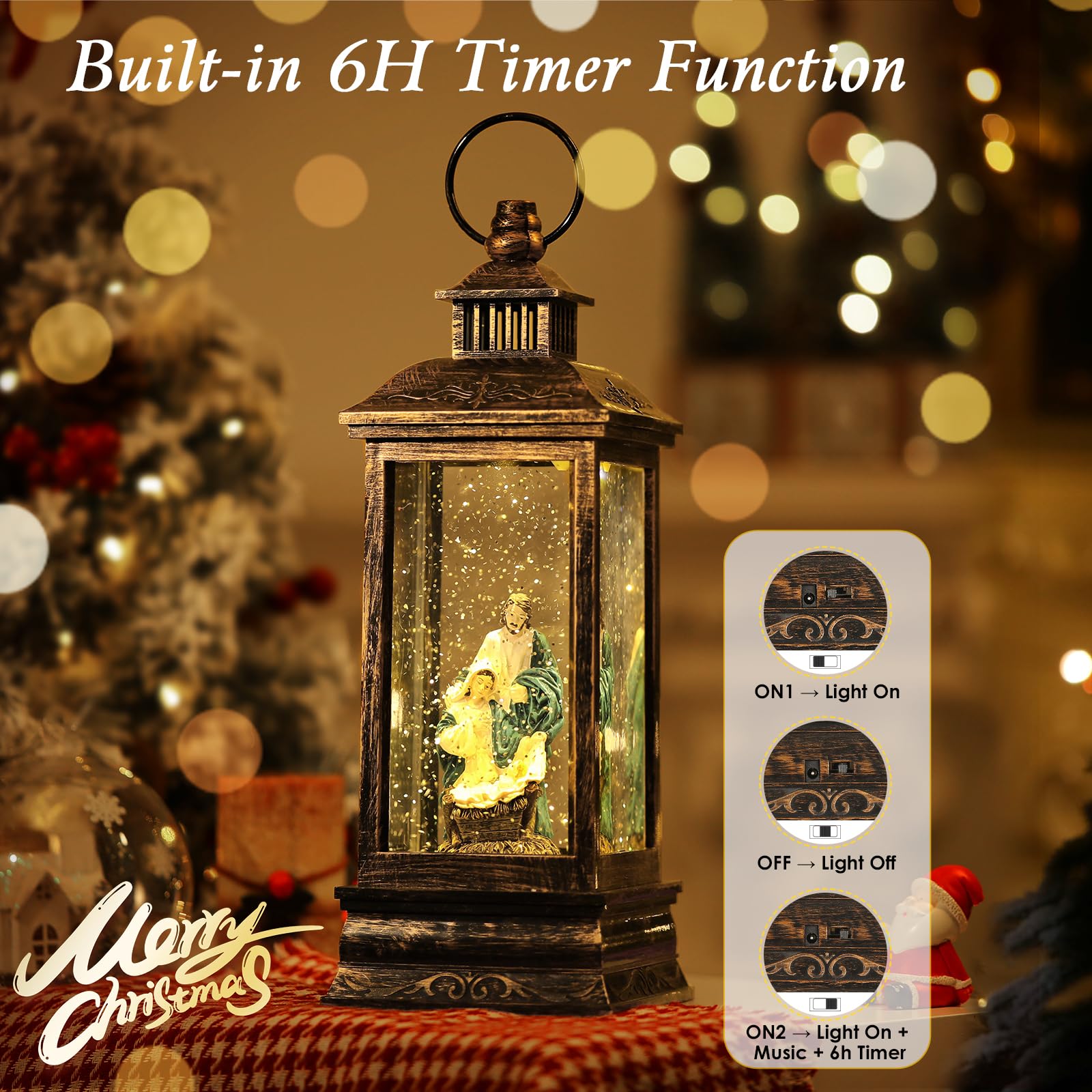 Lewondr Globo di Neve di Natale, Globo di Neve a Forma di Lanterna Illuminato con Neve Decorativa e Presepe di Natale, Globo di Neve Musicale con Timer, Regalo per Ragazze Fidanzate Donne, Oro Nero