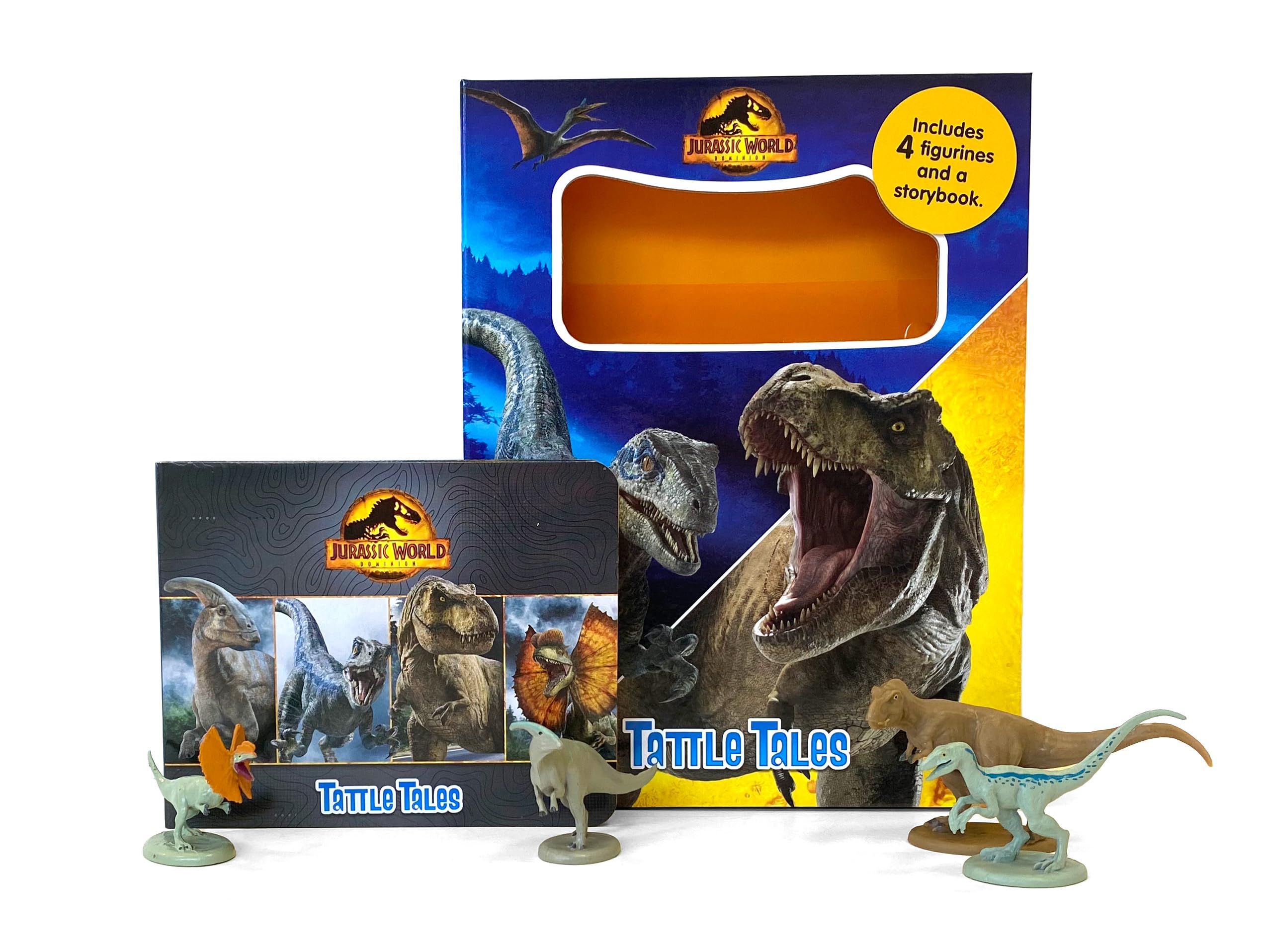 Jurassic World Tattle Tales - Activity Books for kids, 12-page storybook, 4 figurines