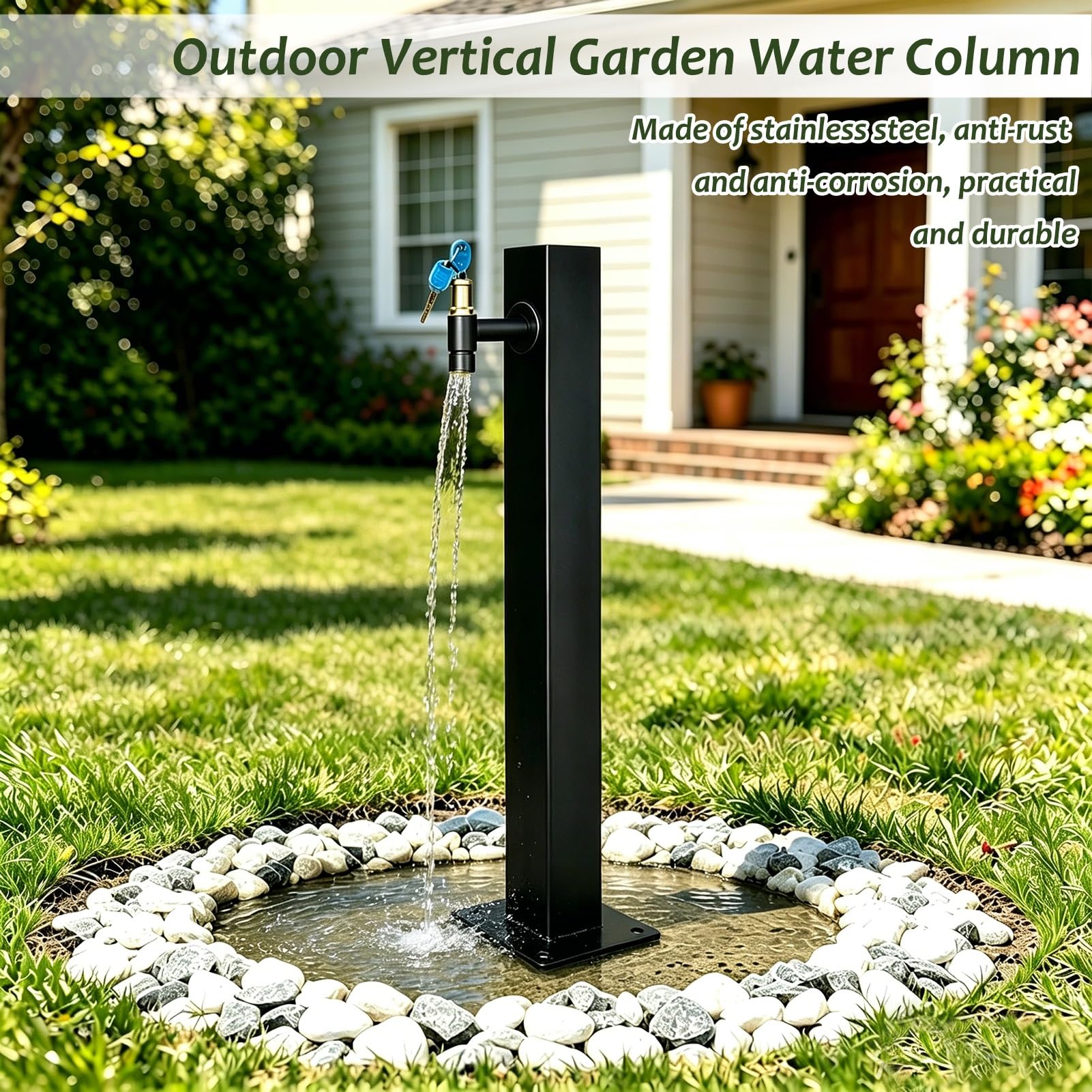 Columna de agua de jardín cuadrado moderno, hidrante de jardín negro independiente Grifo exterior para patio, terraza de villa, montaje en suelo o lateral