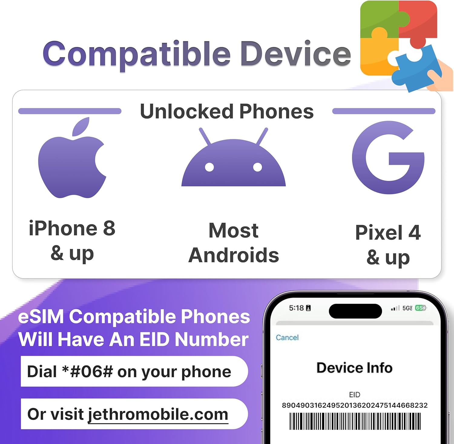 $4.60/Month Jethro Mobile Phone Plan with Monthly 500MB Data, 500 Talk Minutes & 500 Texts, 360-Day Prepaid eSIM (Digital SIM Card), BYOP, Pay As You Go