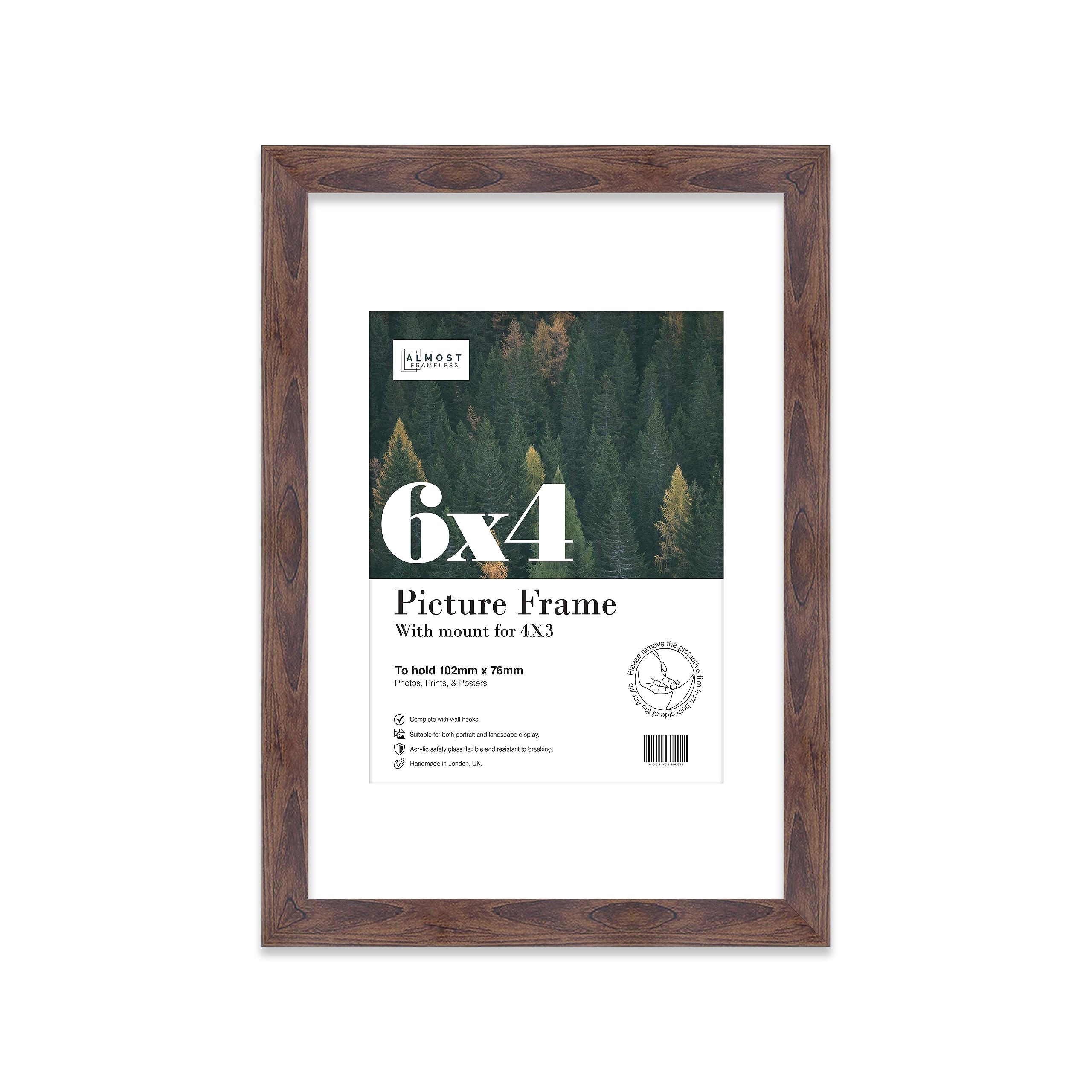 Almost Frameless 6x4 Walnut Picture Frame With Mount for 4x3 Print, Poster or Photo Poster, Photo, Artwork, or Print. Thin Edge Slim Frame Portrait and Landscape Display with Wall Hooks