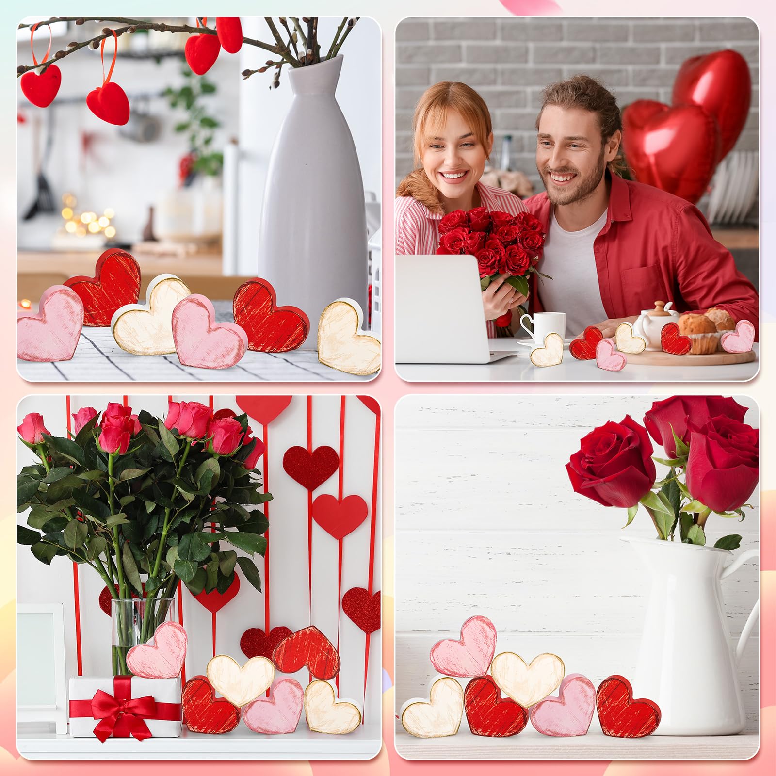FYSUIMU 12 cartelli da tavolo in legno retrò per San Valentino, a forma di cuore, centrotavola rustico, rosso, rosa, bianco, vassoio decorativo per anniversario di matrimonio, casa, fattoria