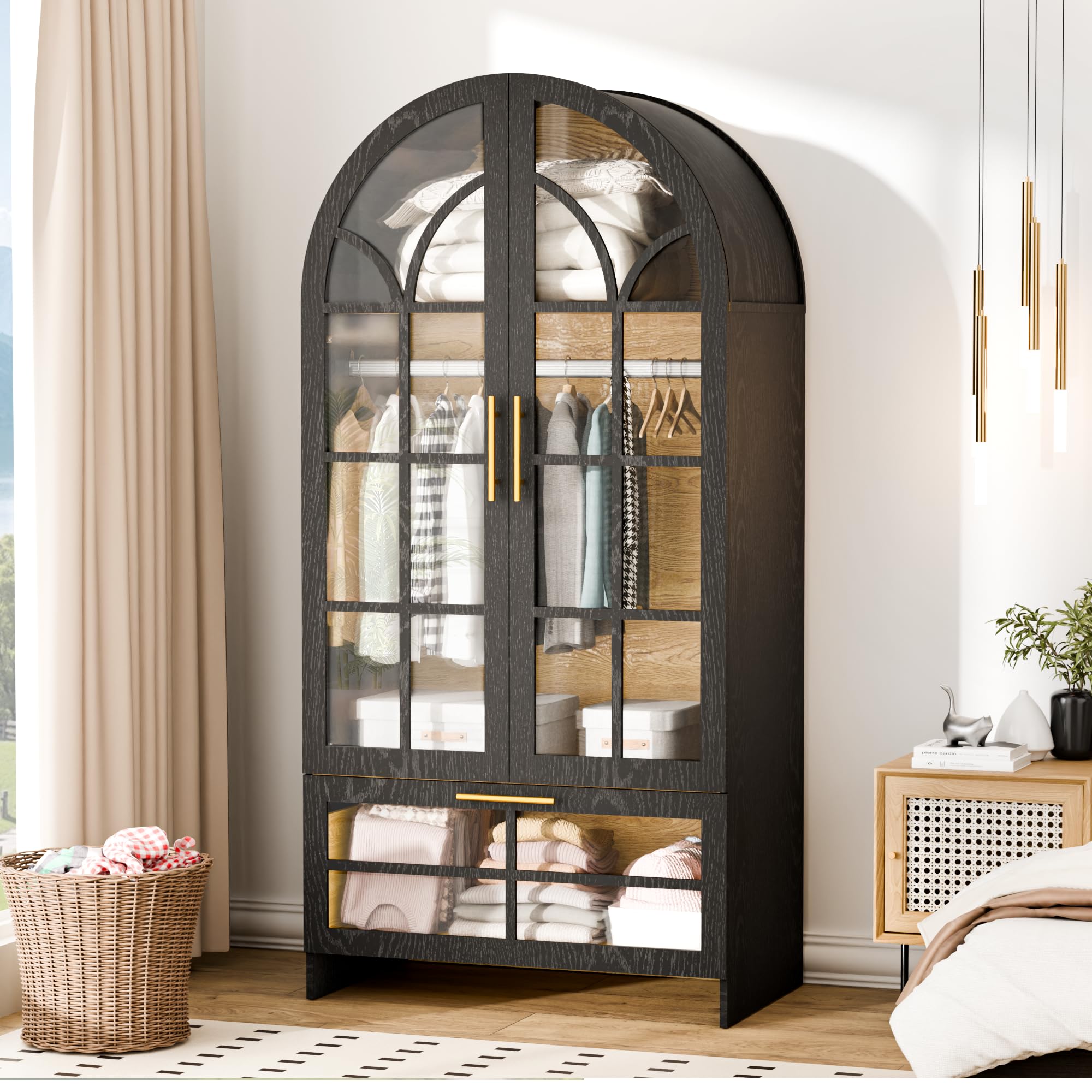 Topcomfy Armoire Wardrobe Closet with Drawer, 71”Tall Arched Wardrobe Cabinet with Hanging Rod&Glass Door – Wooden Freestanding Clothing Storage