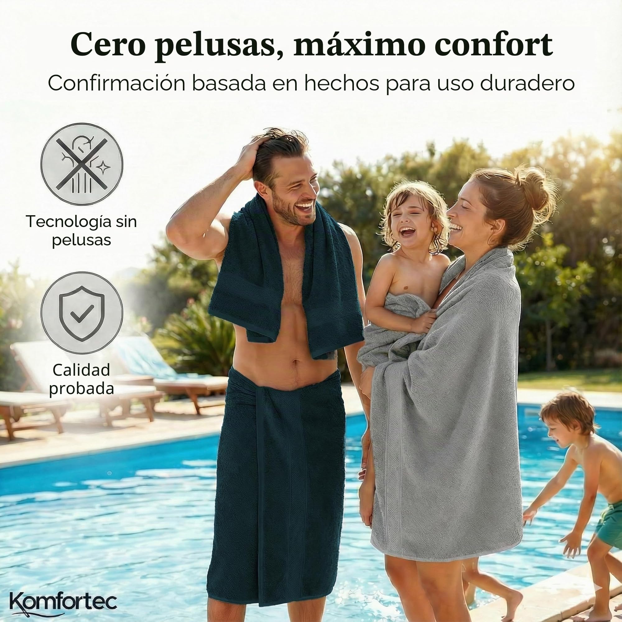 Komfortec Juego de 8 Toallas de Mano de 100% algodón, 4 Toallas de baño de 70 x 140 cm y 4 Toallas de Mano de 50 x 100 cm, de Rizo, Suaves, Grandes, Color Plata/Azul petróleo