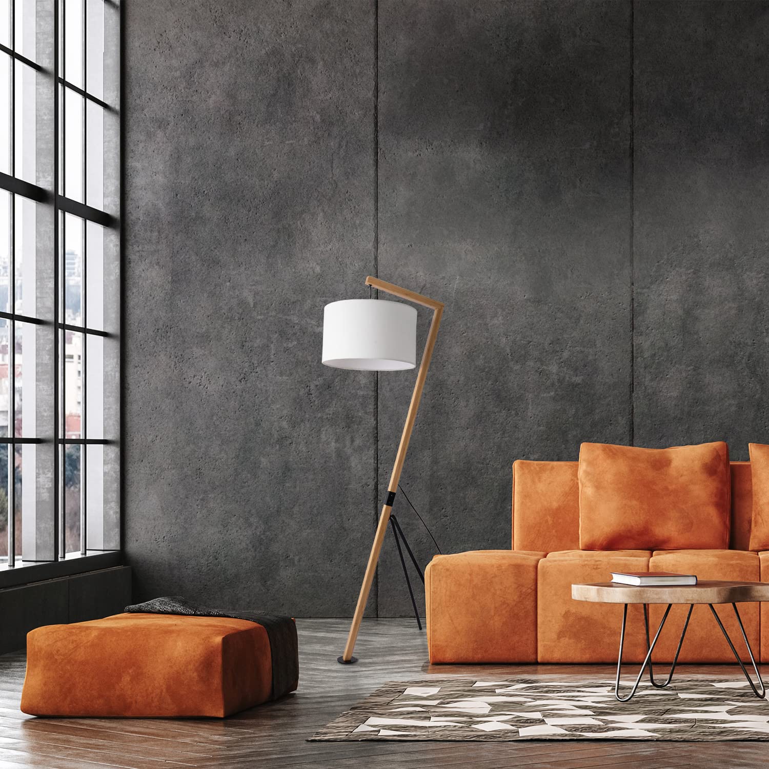 Paco Home Stehlampe Wohnzimmer Holz Standleuchte Leselampe Deko Stehleuchte Büro E27 Fassung Vintage Stoff Lampenschirm Modern Stativ Bogenlampe