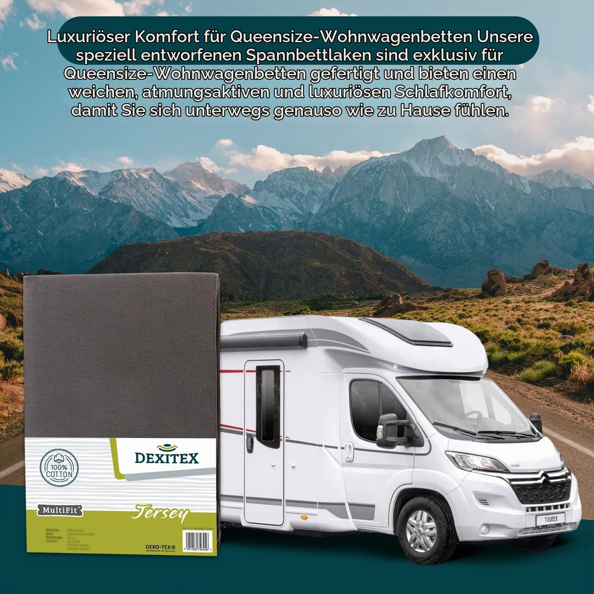 Spannbettlaken Wohnmobil- Queensbett - Antrazith- Bettlaken aus hochwertiger 100% Baumwolle -Oeko-TEX - Multi-Stretch - Spannbettlaken für Matratze Wohnmobile & Wohnwagen