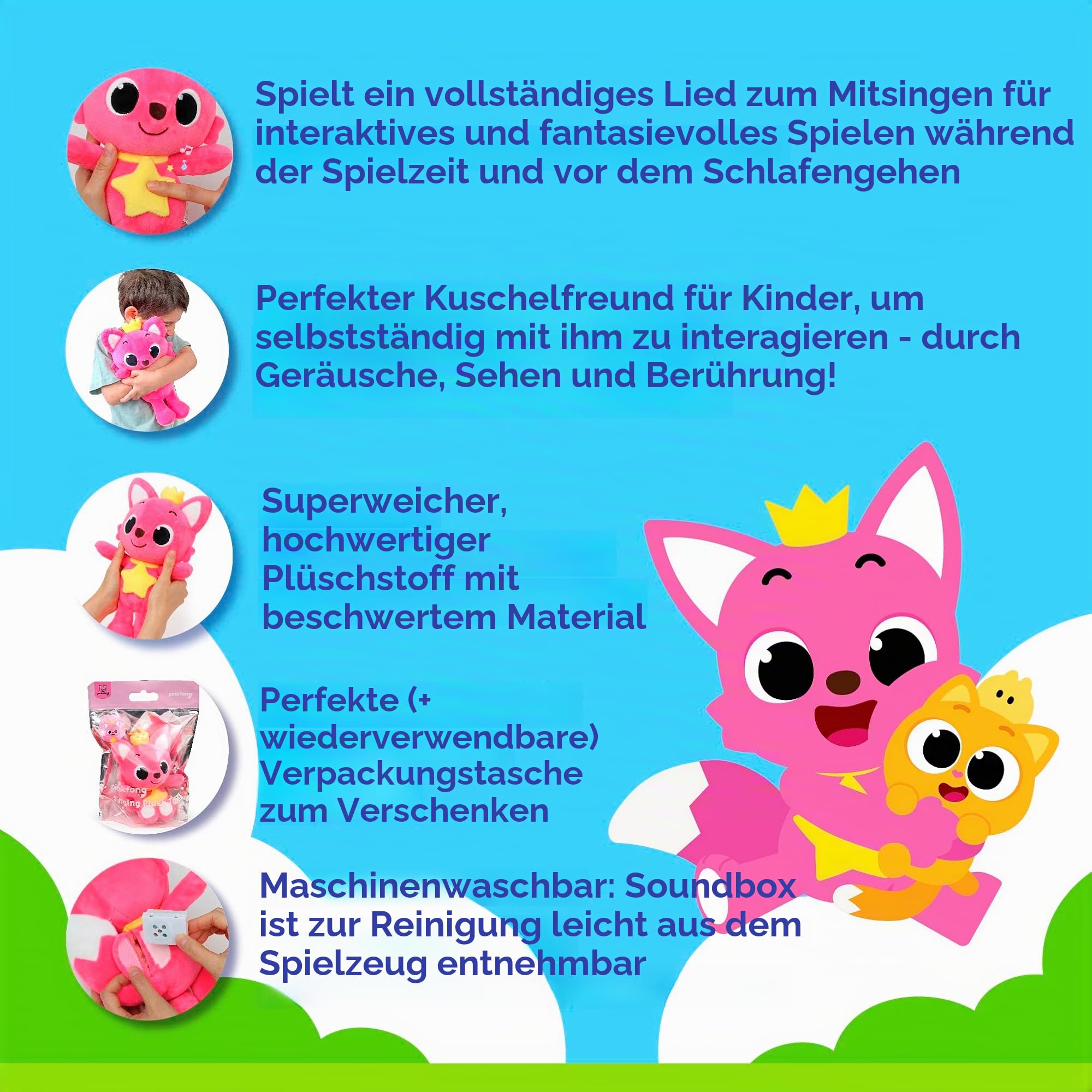 Pinkfong Singendes Plüschtier 27,9 cm | Pinkfong Spielzeug | Stofftiere | interaktives musikalisches Babyspielzeug für Kleinkinder 1-3 | Geschenke für Jungen und Mädchen