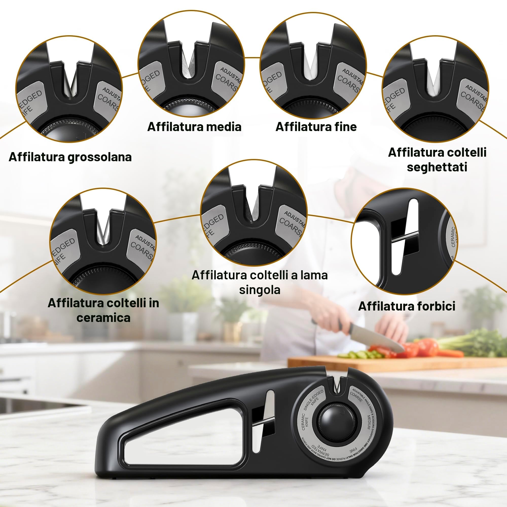 Pietuley Affilacoltelli Professionale 7 in 1, Affila Coltelli da Cucina, Affilatore per Coltelli, Knife Sharpener, Seghettati Ceramici Affila Forbici, Affilacoltelli Manuale, Affilatrice Coltelli