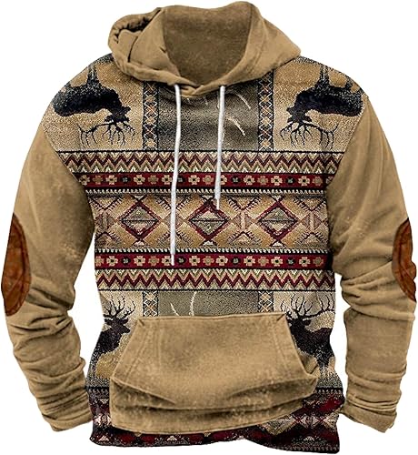 EELHOE Men's Western Print Vintage Hoodie Vintage Long Sleeve Hooded Sweatshirts Cowboy Style Hooded Pullover Shirt