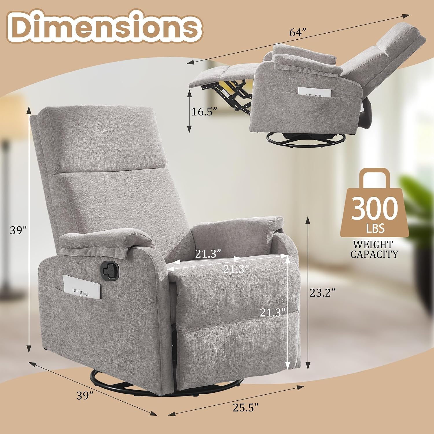  Recliner Chair, Swivel Rocking Recliner Chair for Adults, Glider Rocking Chair, Small Nursery Chair Recliner for Living Room, Reclining Chair with Modern-Designed Armrests, Chenille, Grey thumbnail