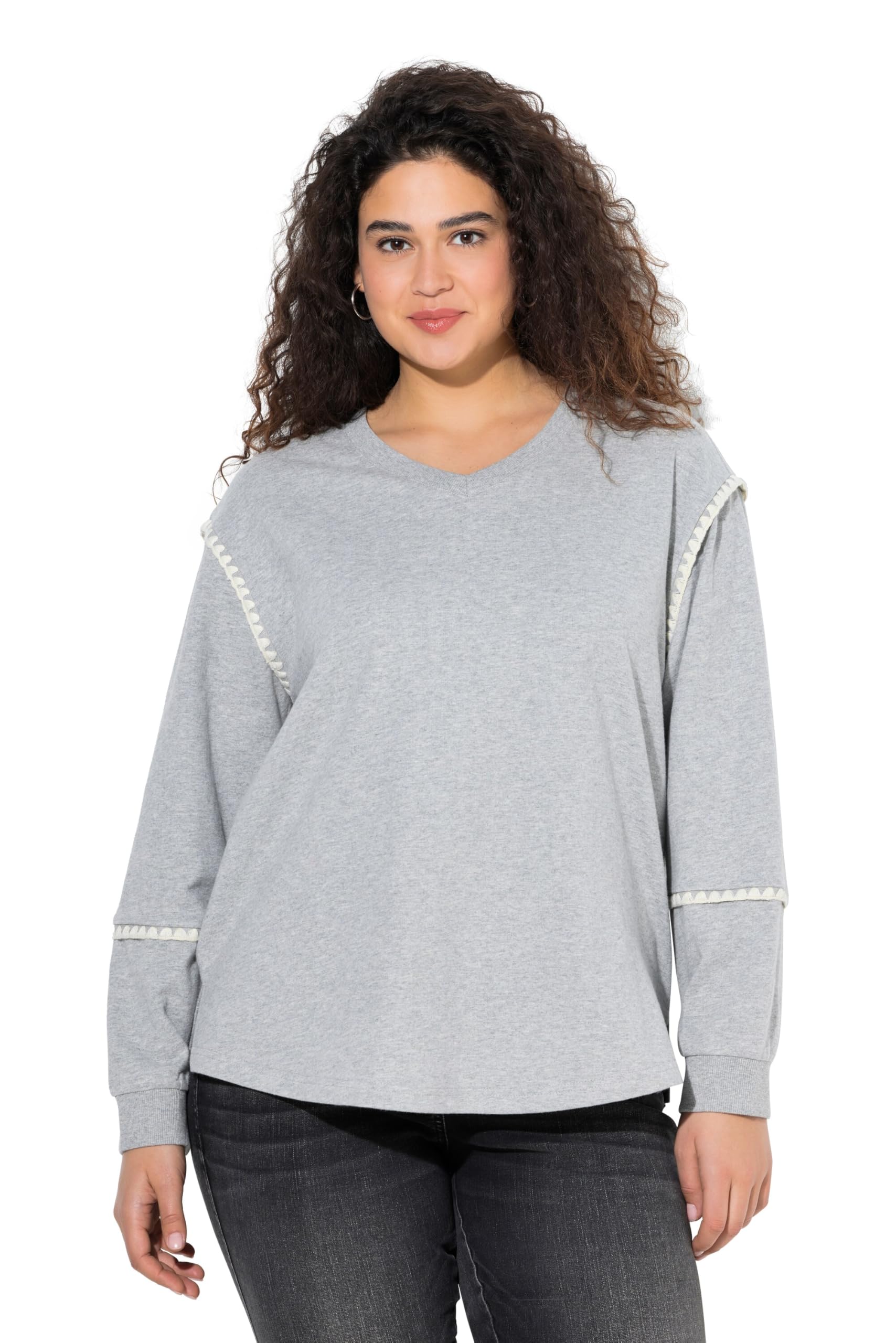 Ulla Popken Damen große Größen Übergrößen Plus Size Sweatshirt, Ziernähte, Oversized, V-Ausschnitt, Langarm 842273