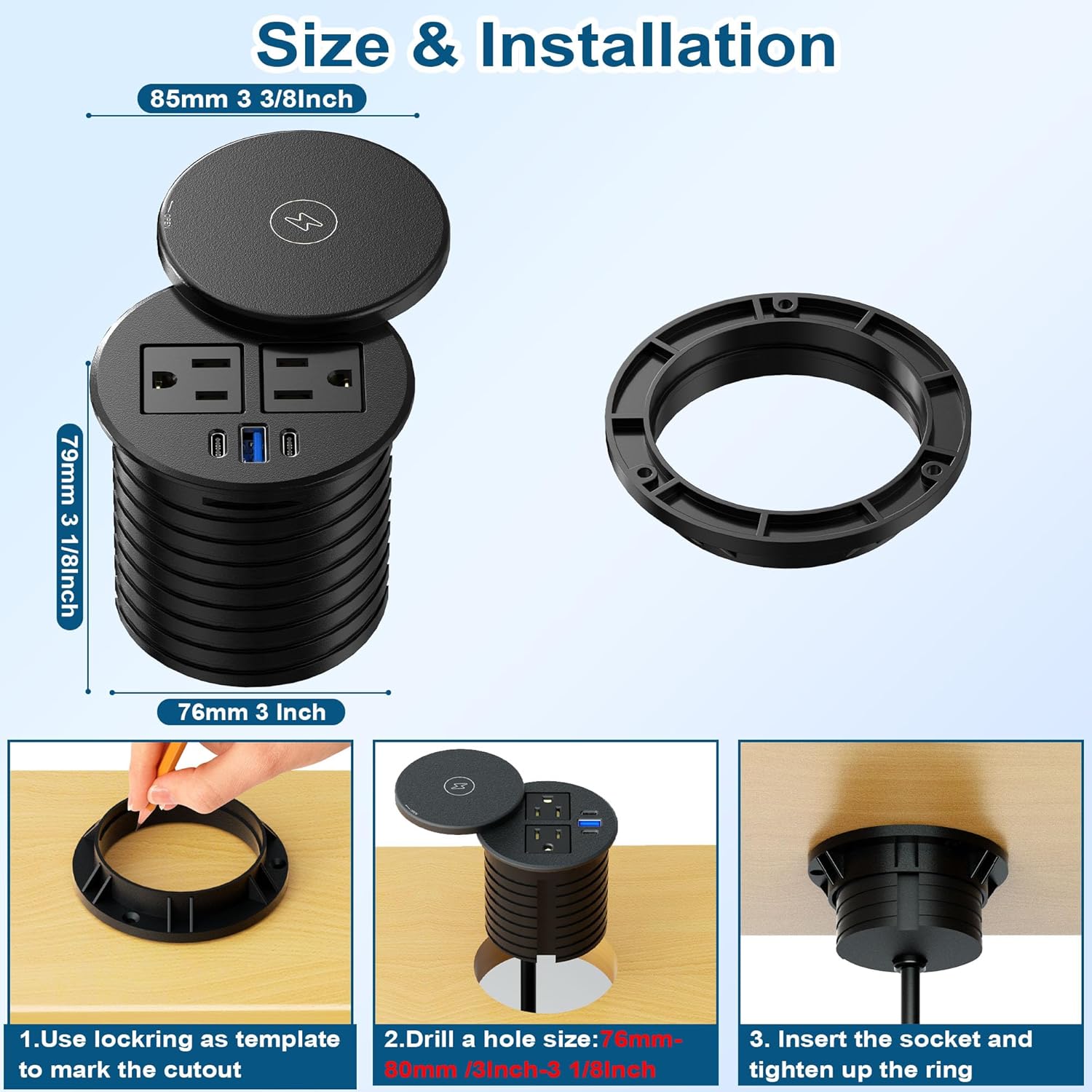 3 Inch Desk Power Grommet with 10W Wireless Charger, 20W USB C Fast Charging Station,2 AC TR Outlets, Round Flush-Mount Recessed Power Strip for Conference Rooms, Office Tables, Furniture, 6FT Cord