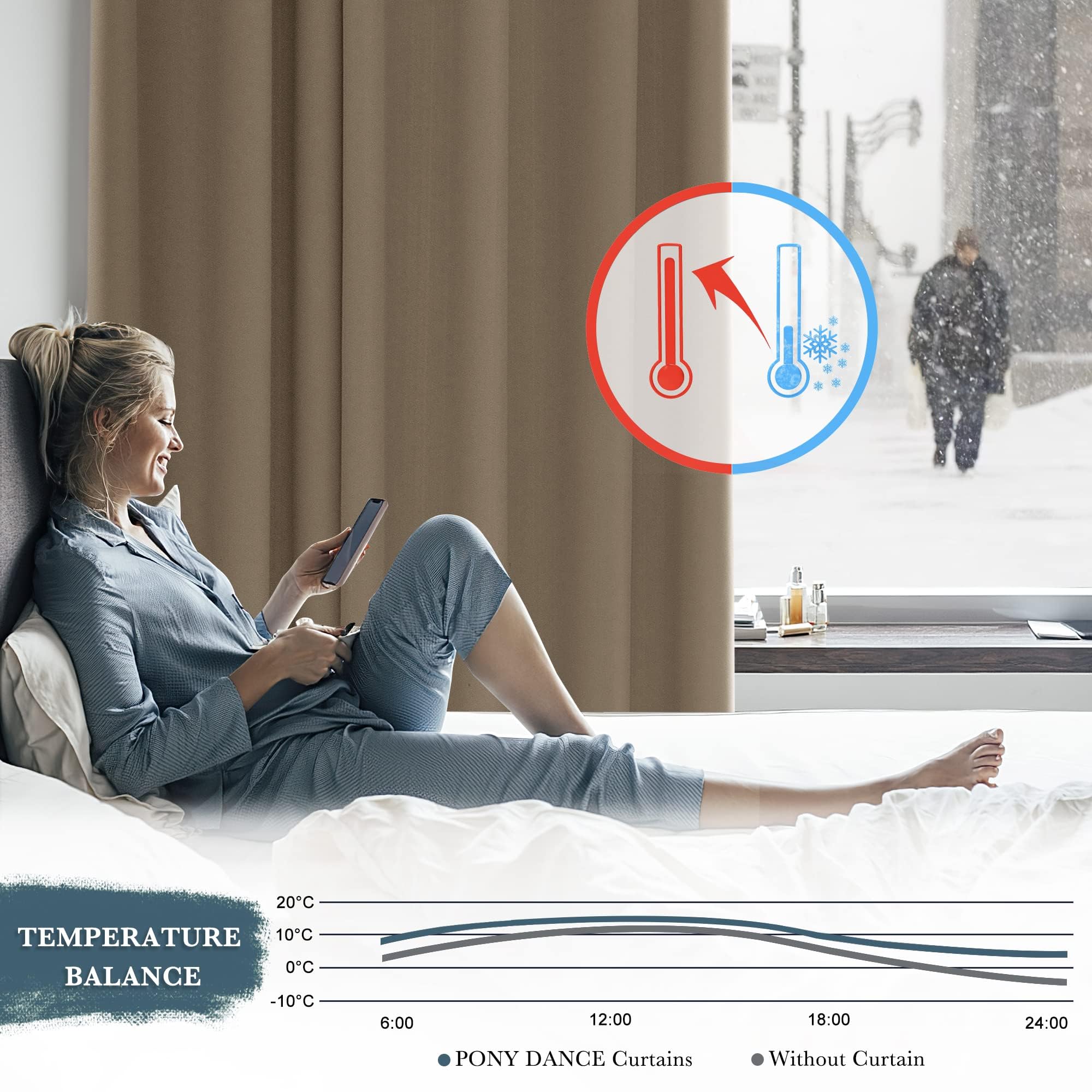 PONY DANCE Tenda Corta per Cucina Moderna Tenda Oscurante da Interno con Anelli Blackout Curtain Termica Isolante per Casa 1 Pezzo L 140 x A 145 cm, Moca